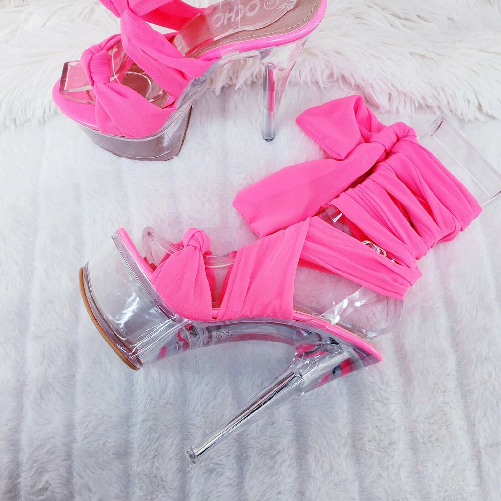 Neon Pink Scarf Wrap Clear Platform Shoes Sandals 6" High Heel Sandals Shoes - Totally Wicked Footwear