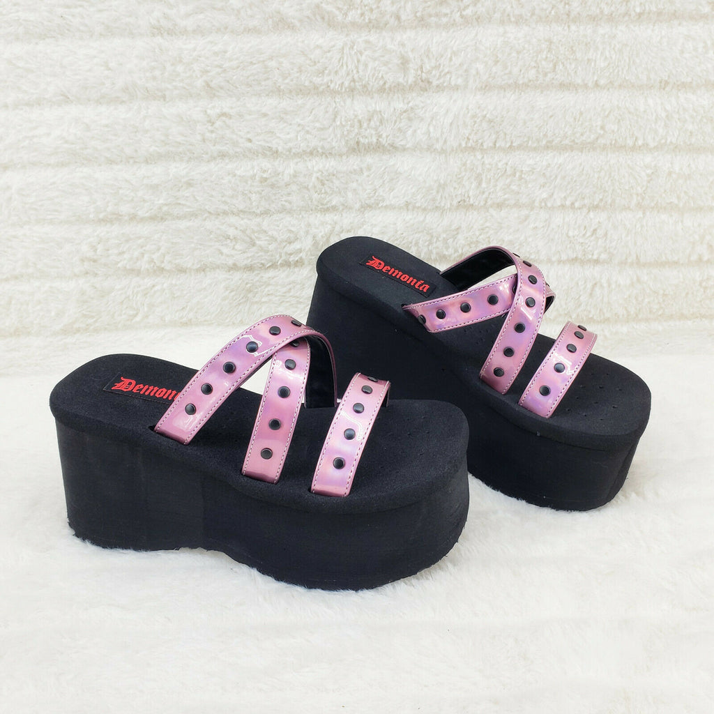 Funn Platform Goth Sandals Studded Pink Hologram Slip On Shoes In House - Totally Wicked Footwear