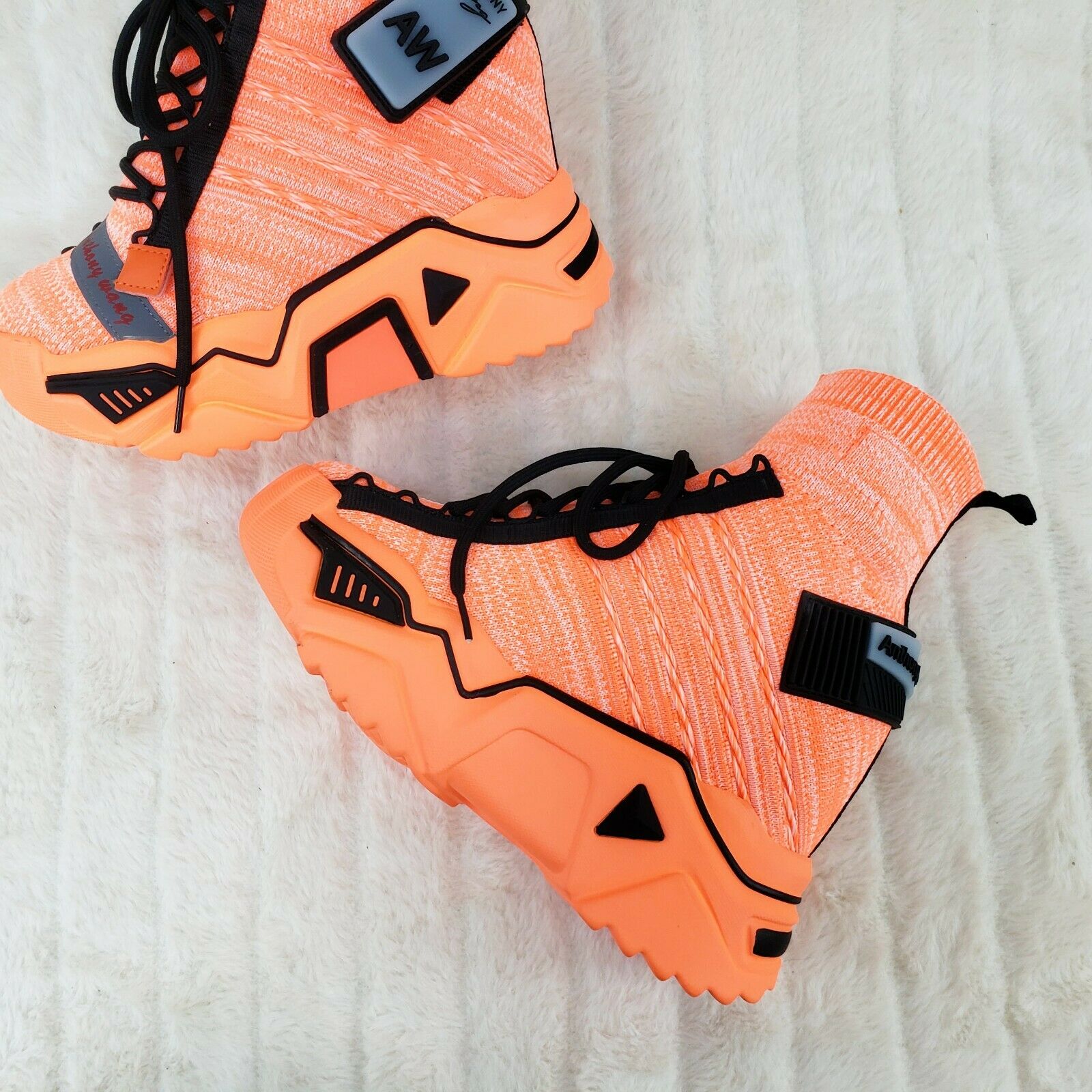 Wang Damson Pull On Knit Platform Sneaker Boots 4" Hidden Wedge Orange Knit - Totally Wicked Footwear