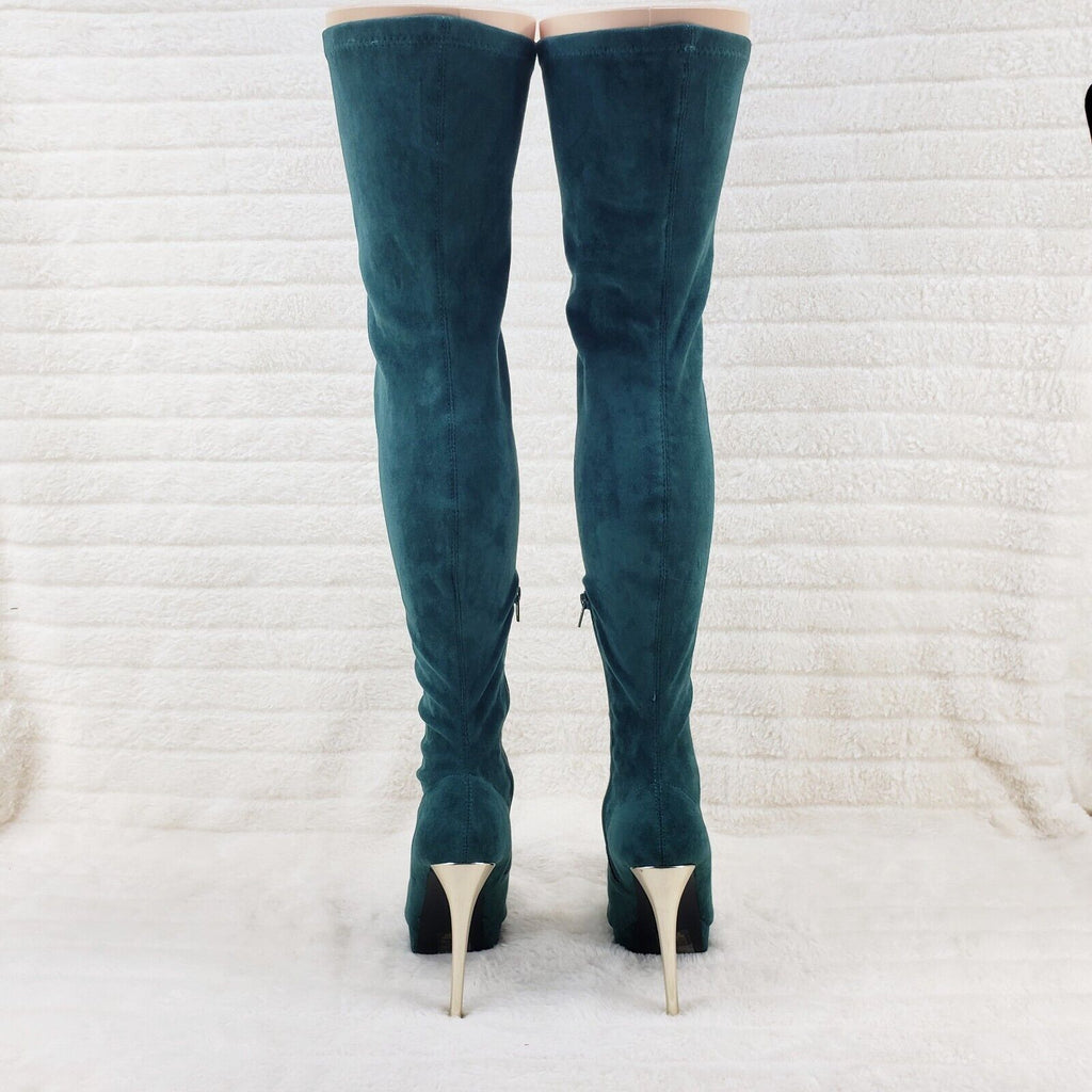 Sexy Girlz Faux Stretch Teal Suede High Heel Pointy Toe Platform Thigh Boots - Totally Wicked Footwear