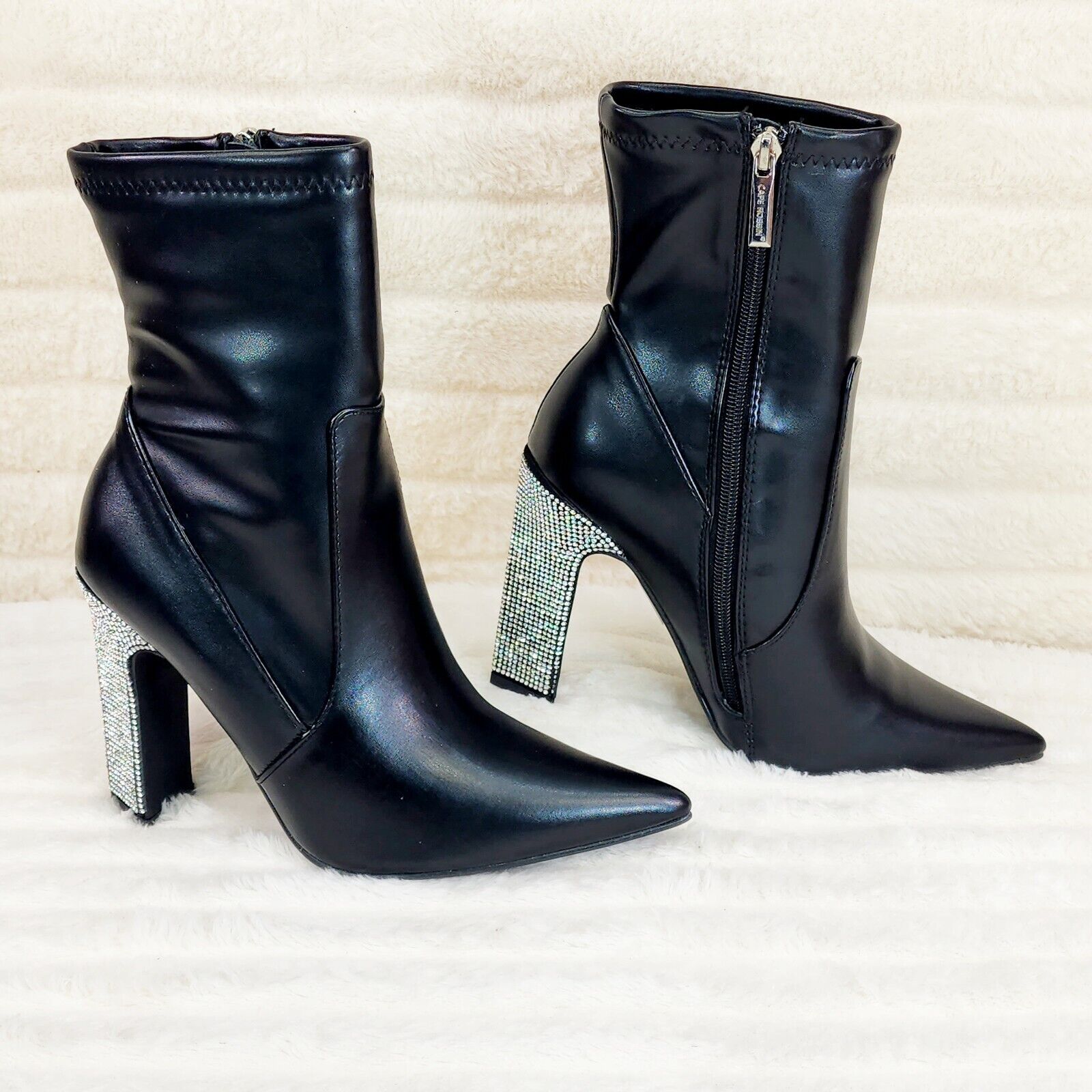 Regal Black Stretch Leatherette Rhinestone Heel Ankle Boots - Totally Wicked Footwear