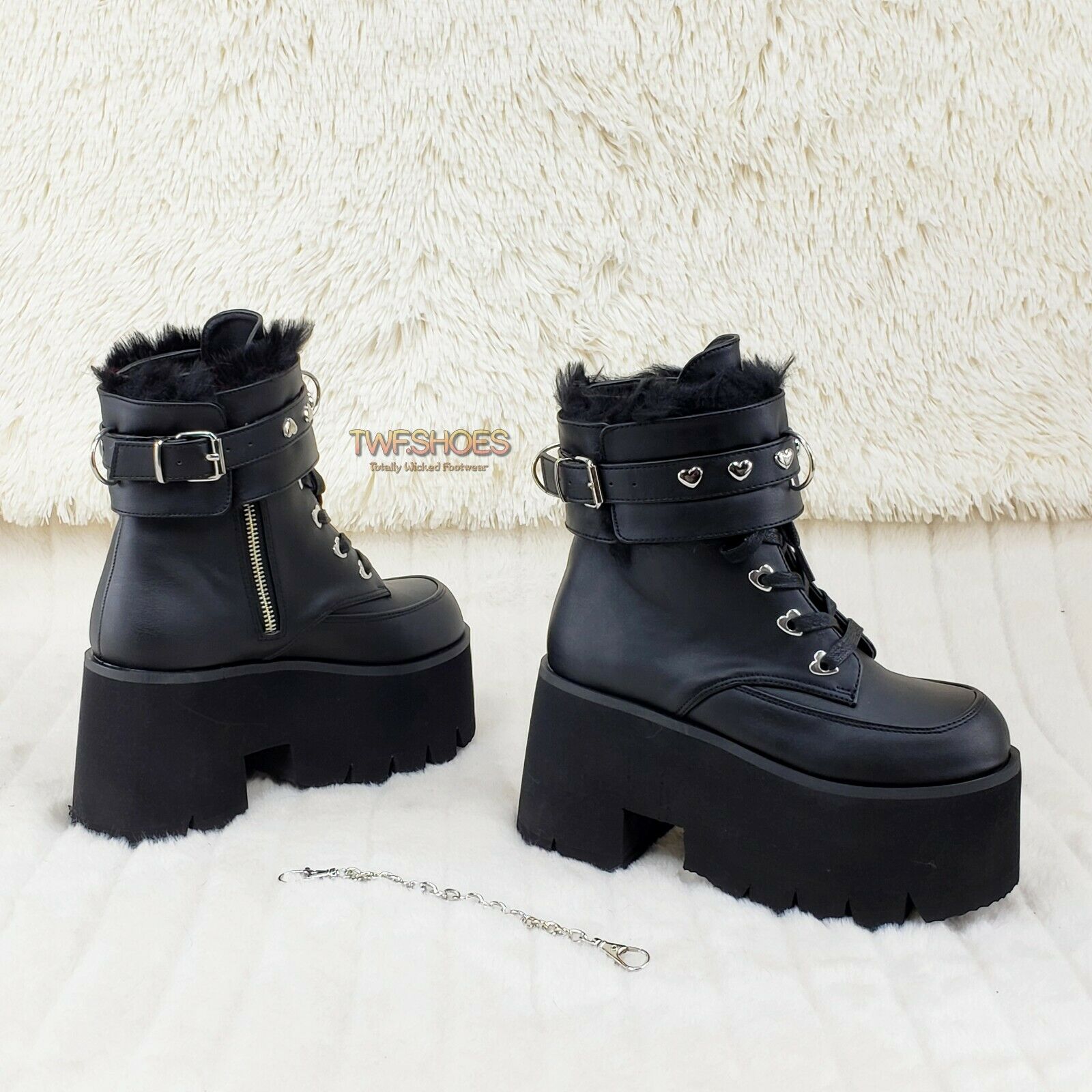 Ashes 57 Black Heart Studs 3.5" Platform Goth Boots Fur Lined Cuffs & Chain NY - Totally Wicked Footwear