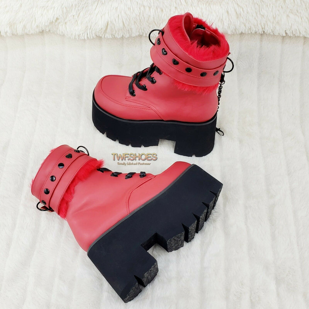 Ashes 57 RED Heart Studs 3.5" Platform Goth Boots Fur Lined Cuffs & Chain NY - Totally Wicked Footwear