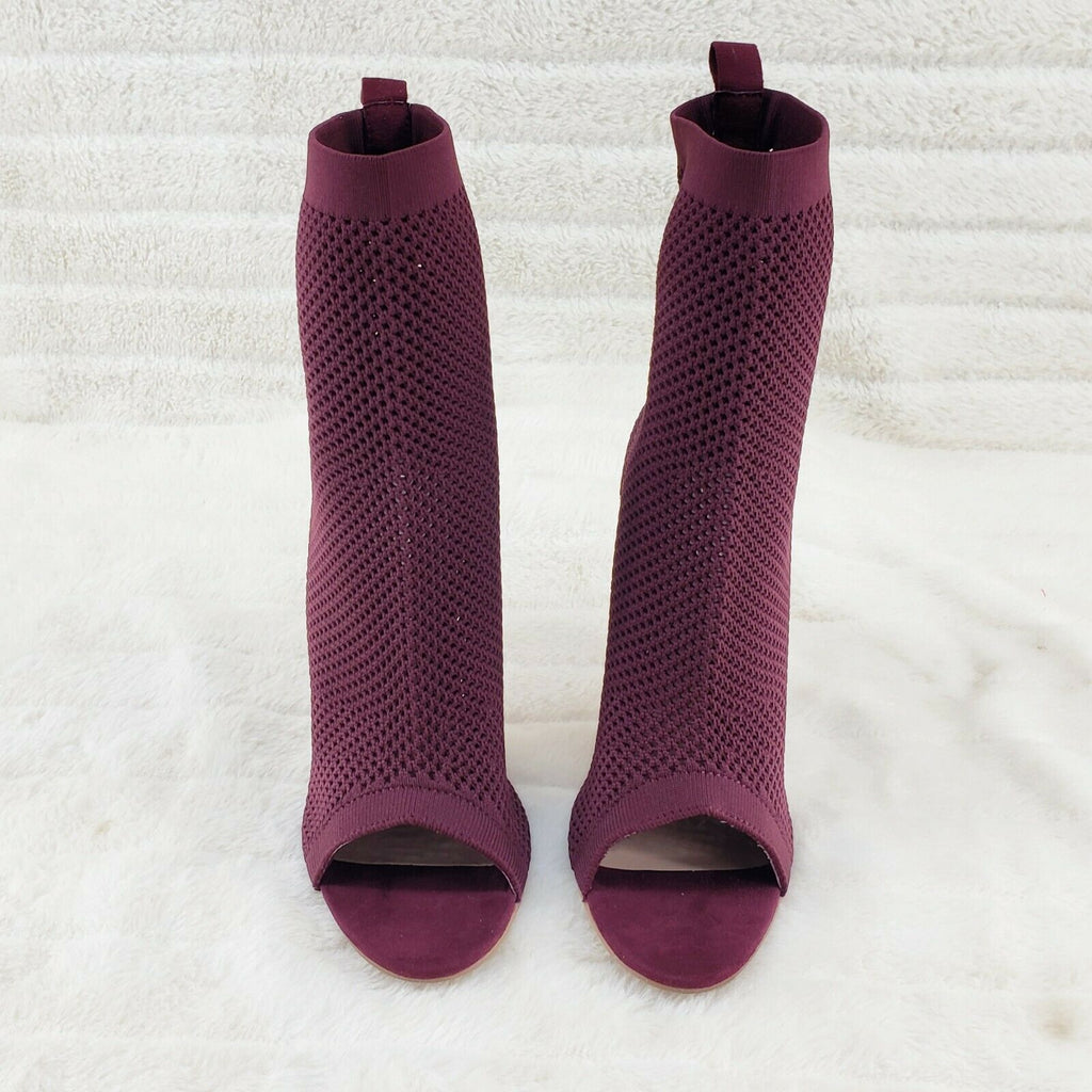 Ready Go Burgundy Red Stretch Knit Mesh Open Toe Pull On High Heel Ankle Boots - Totally Wicked Footwear