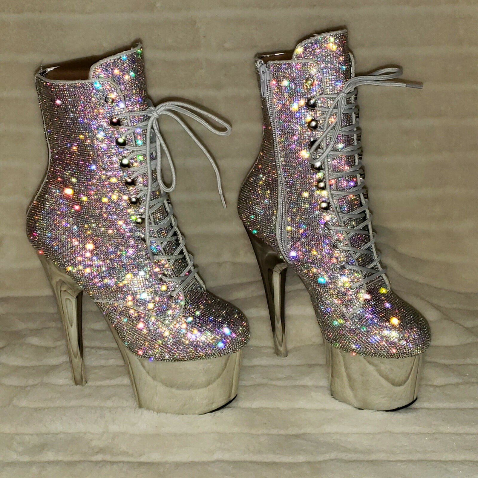 Adore 1020CHRS Silver Bejeweled Rhinestone 7" High Heel Platform Ankle Boots NY - Totally Wicked Footwear