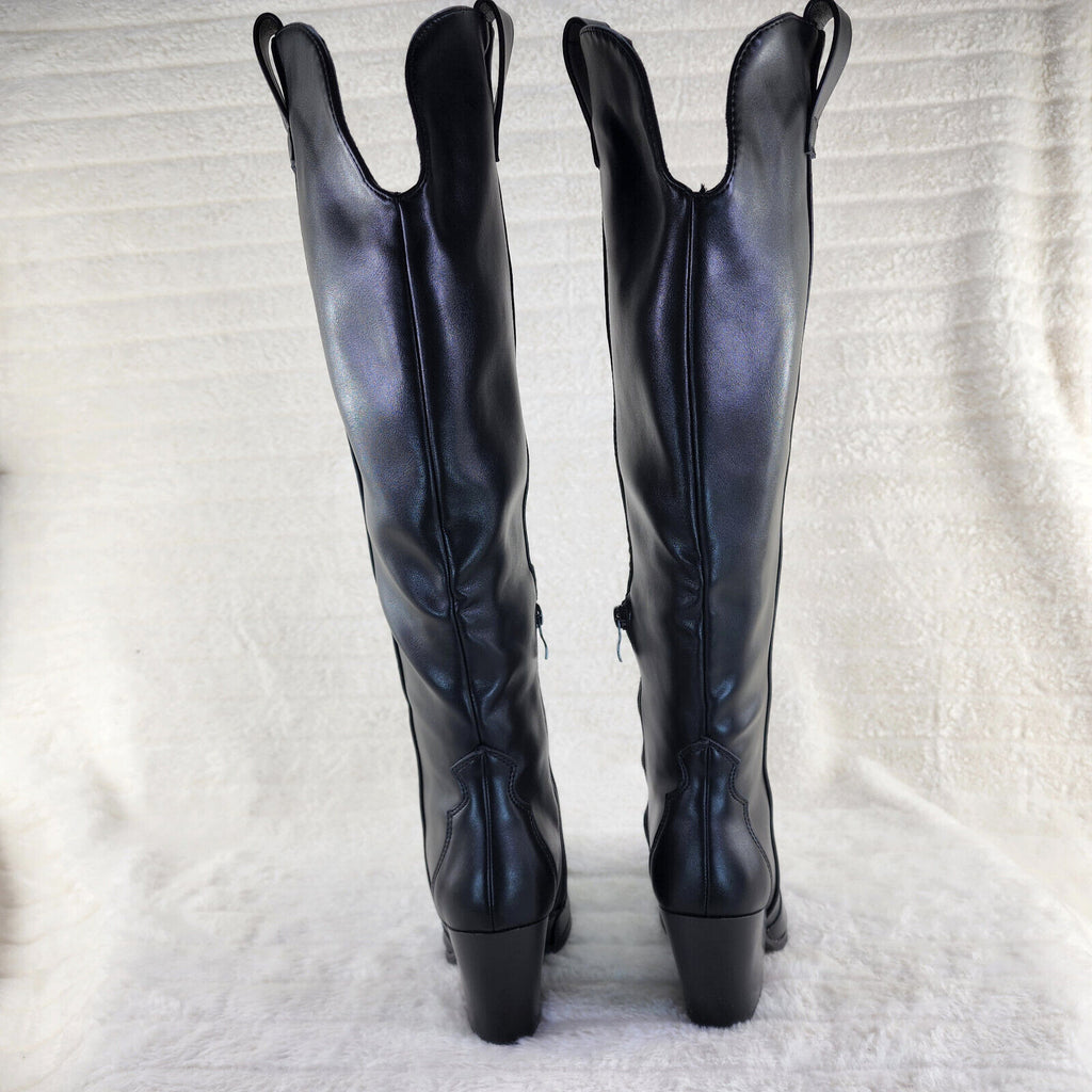 Country Rocker Black Cowgirl Cowboy Knee Boots Western Block Heels US Sizes 7-11 - Totally Wicked Footwear