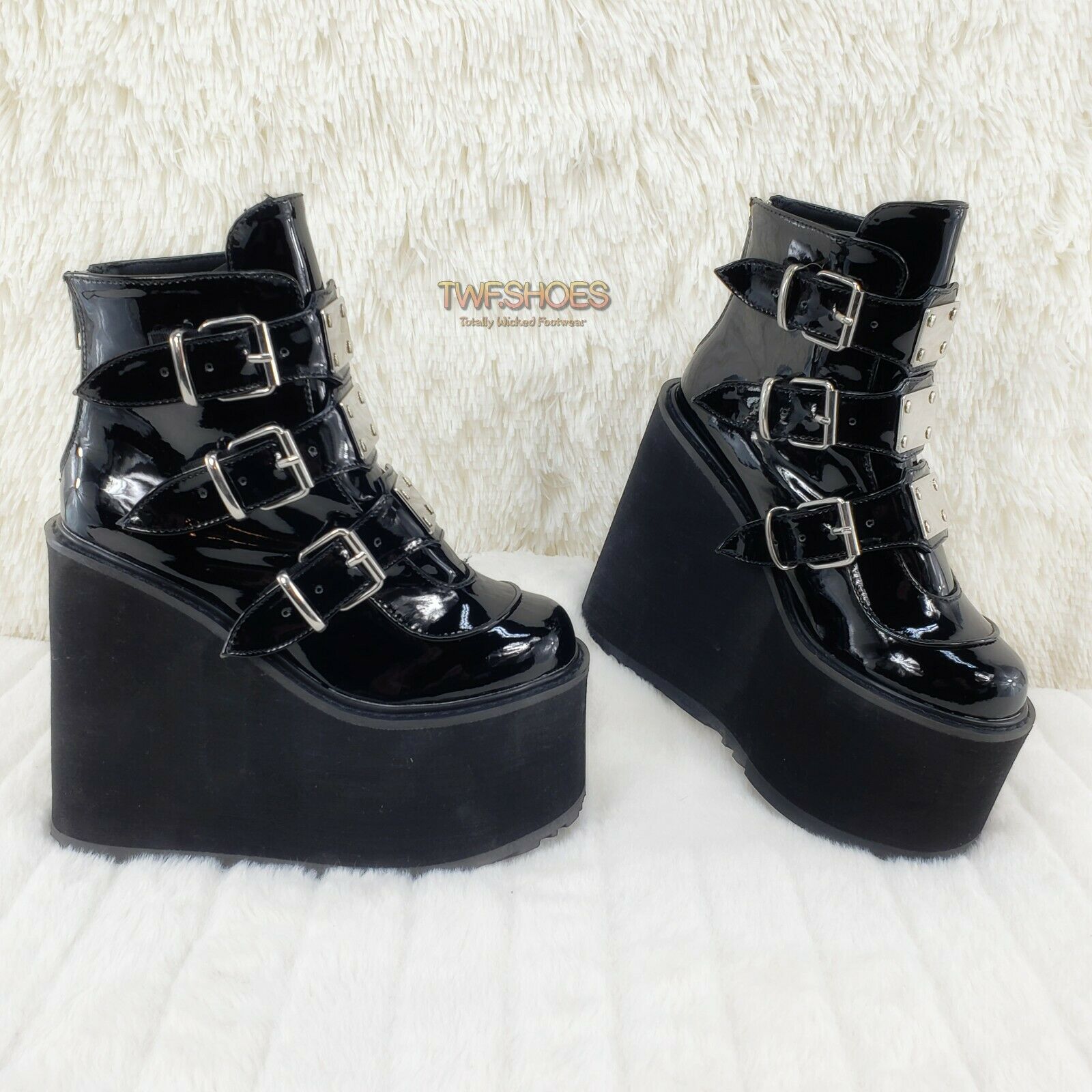 Swing 105 Black Patent Multiple Buckle Ankle Boot 5.5" Platform NY - Totally Wicked Footwear