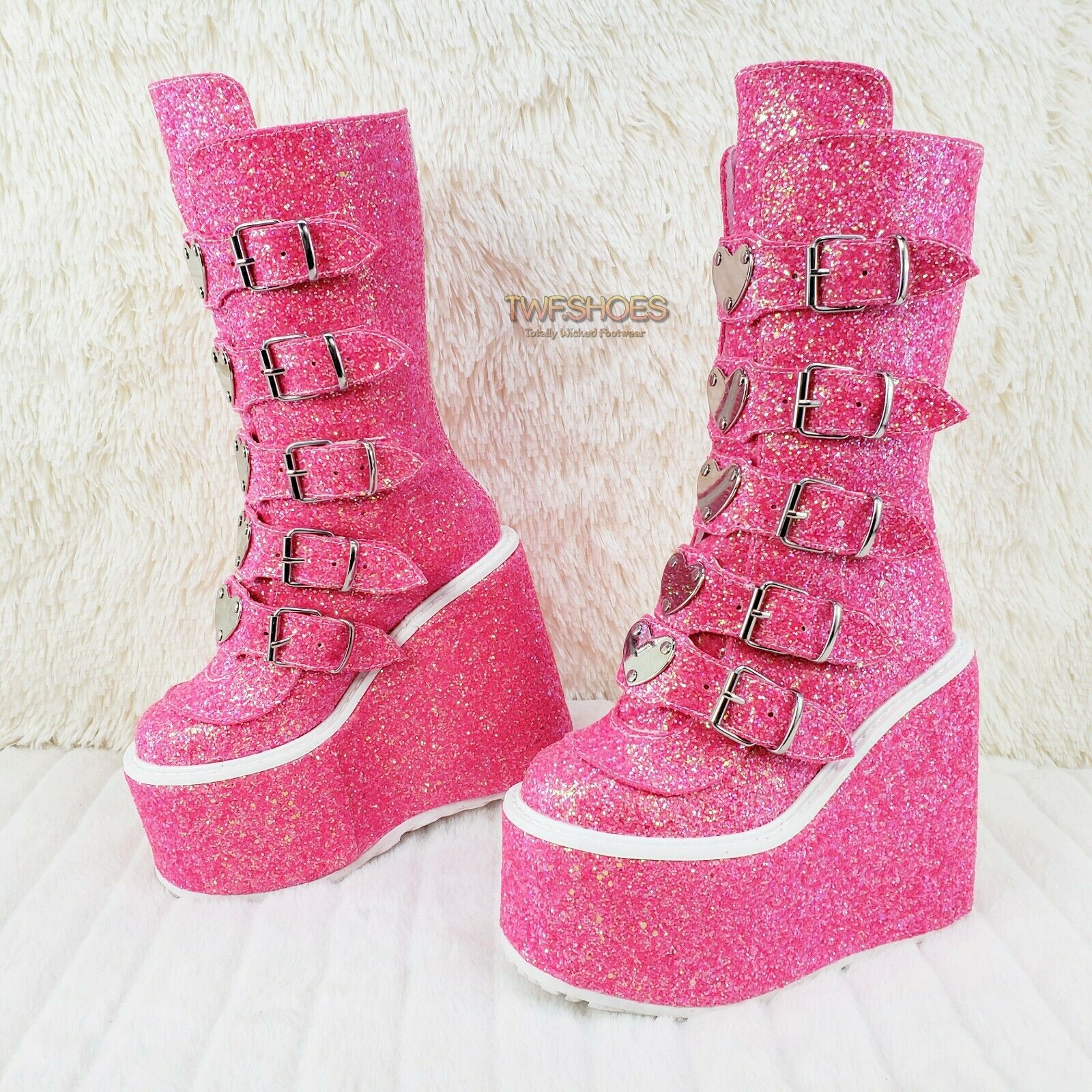 Swing 230G Pink Glitter Boot 5.5" Platform Heart Strap Goth Boots 6 -11  NY - Totally Wicked Footwear