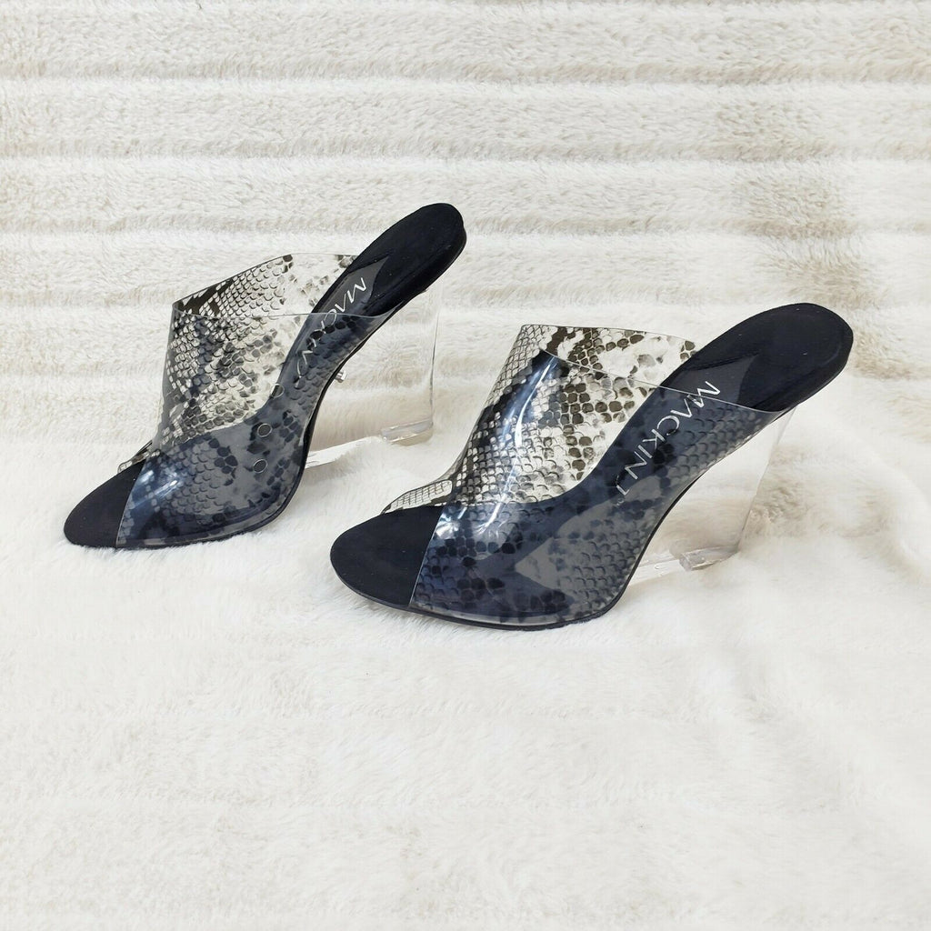 Mac J Black Transparent Snake Print Slip On Clog 5" Clear Acrylic Wedge Heels - Totally Wicked Footwear