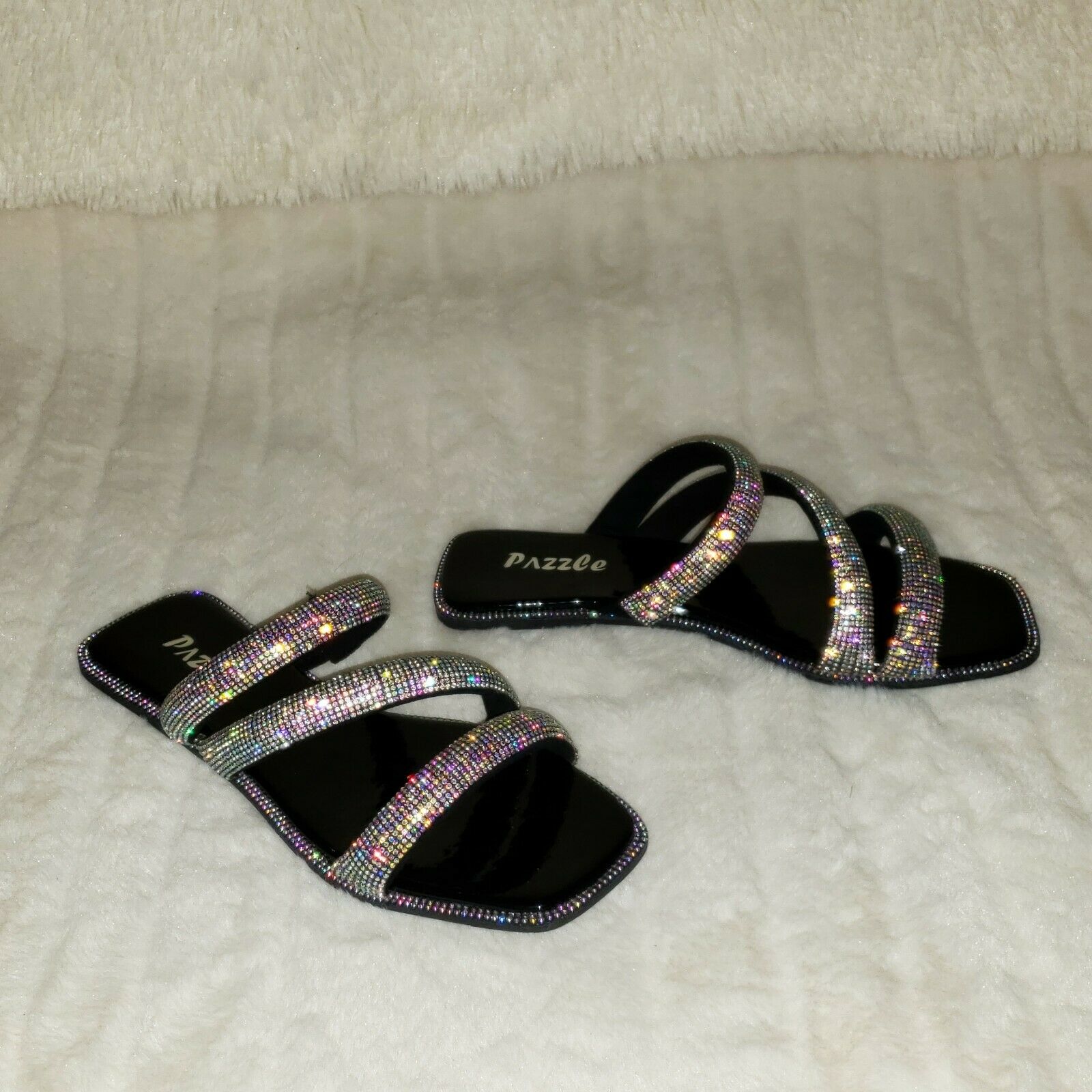 Sparkle Triple Padded Strap Slip On Iridescent Rhinestone Sandals Black - Totally Wicked Footwear