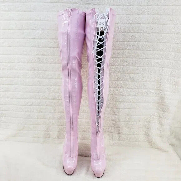Baby Pink White Patent Platform Thigh High Heel Front Zipper Lace up Boots 3027 - Totally Wicked Footwear