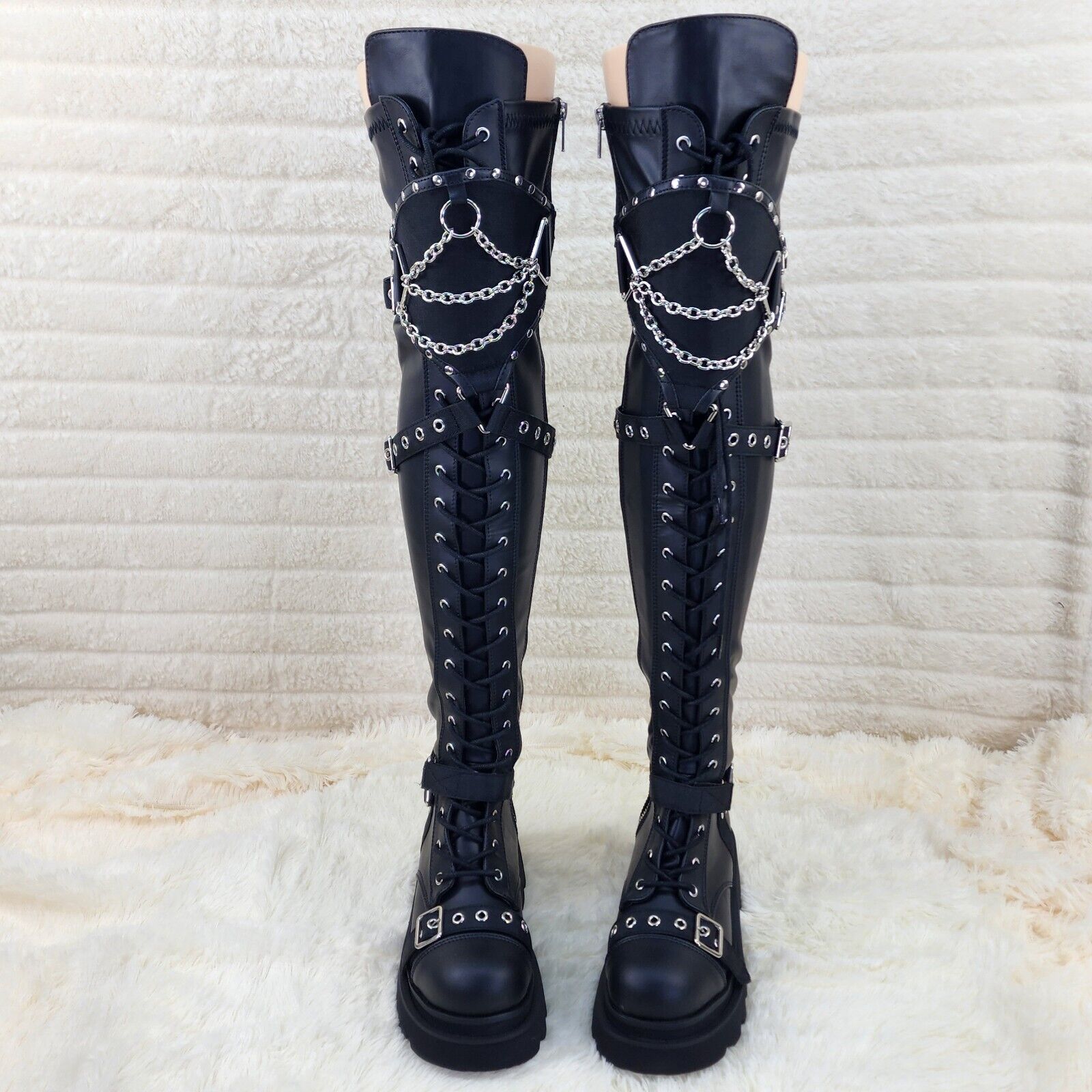 Renegade Goth Punk Rocker Over The Knee Boots With Knee Shield & Chains NY - Totally Wicked Footwear