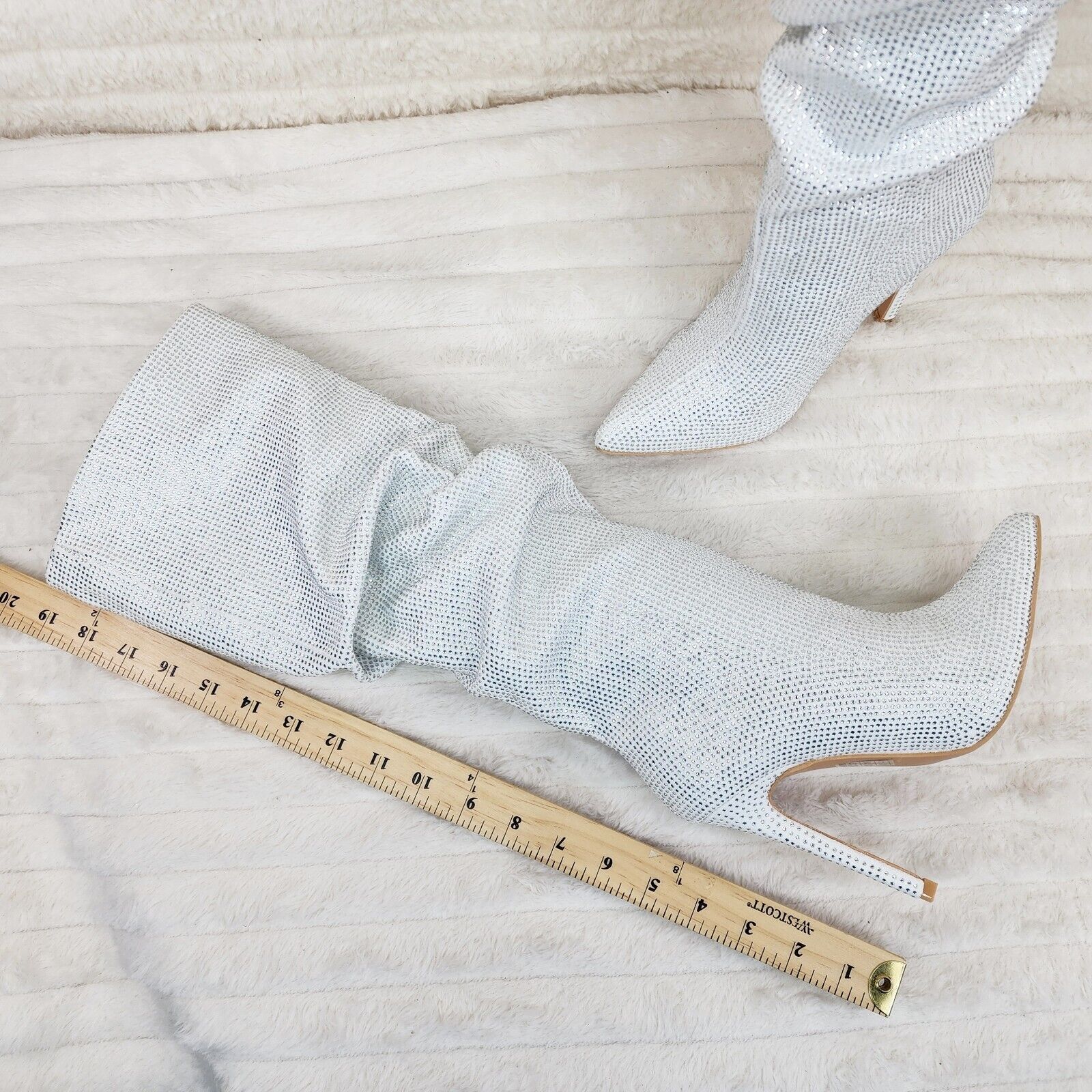 Radiant White Rhinestone High Heel Stiletto Slouch Knee High Boots - Totally Wicked Footwear