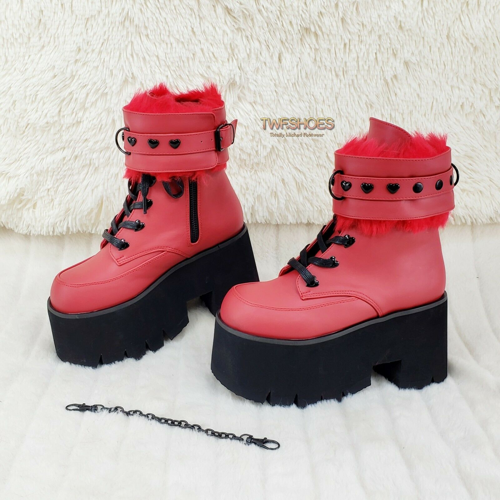 Ashes 57 RED Heart Studs 3.5" Platform Goth Boots Fur Lined Cuffs & Chain NY - Totally Wicked Footwear