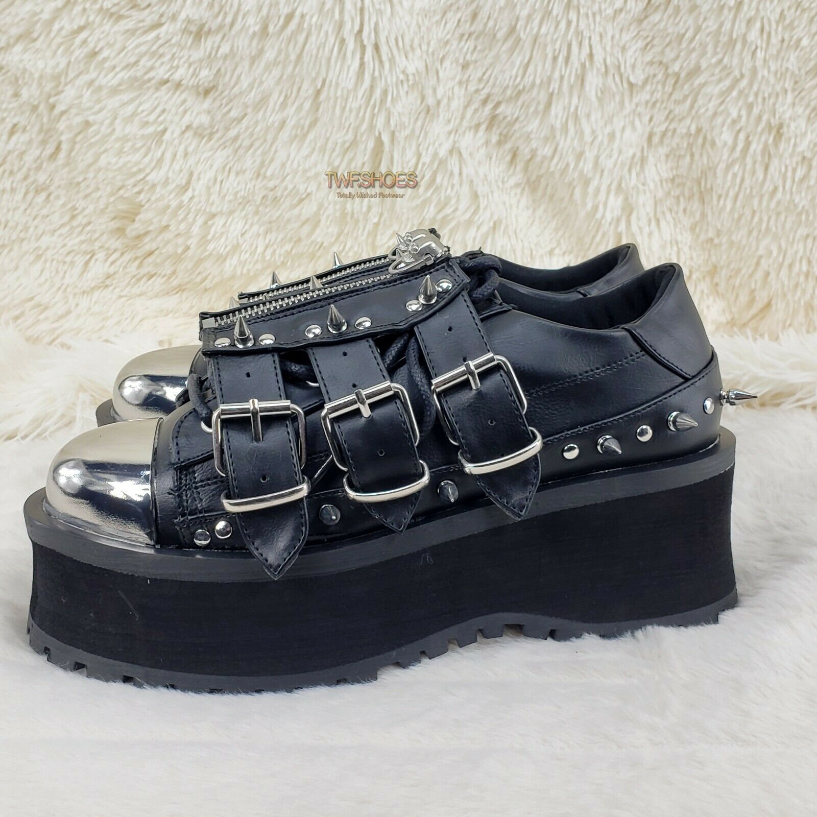 Grave Digger 03 Black Chrome Toe Plate Spiked Shoe Men 4-13 Goth Punk NY - Totally Wicked Footwear