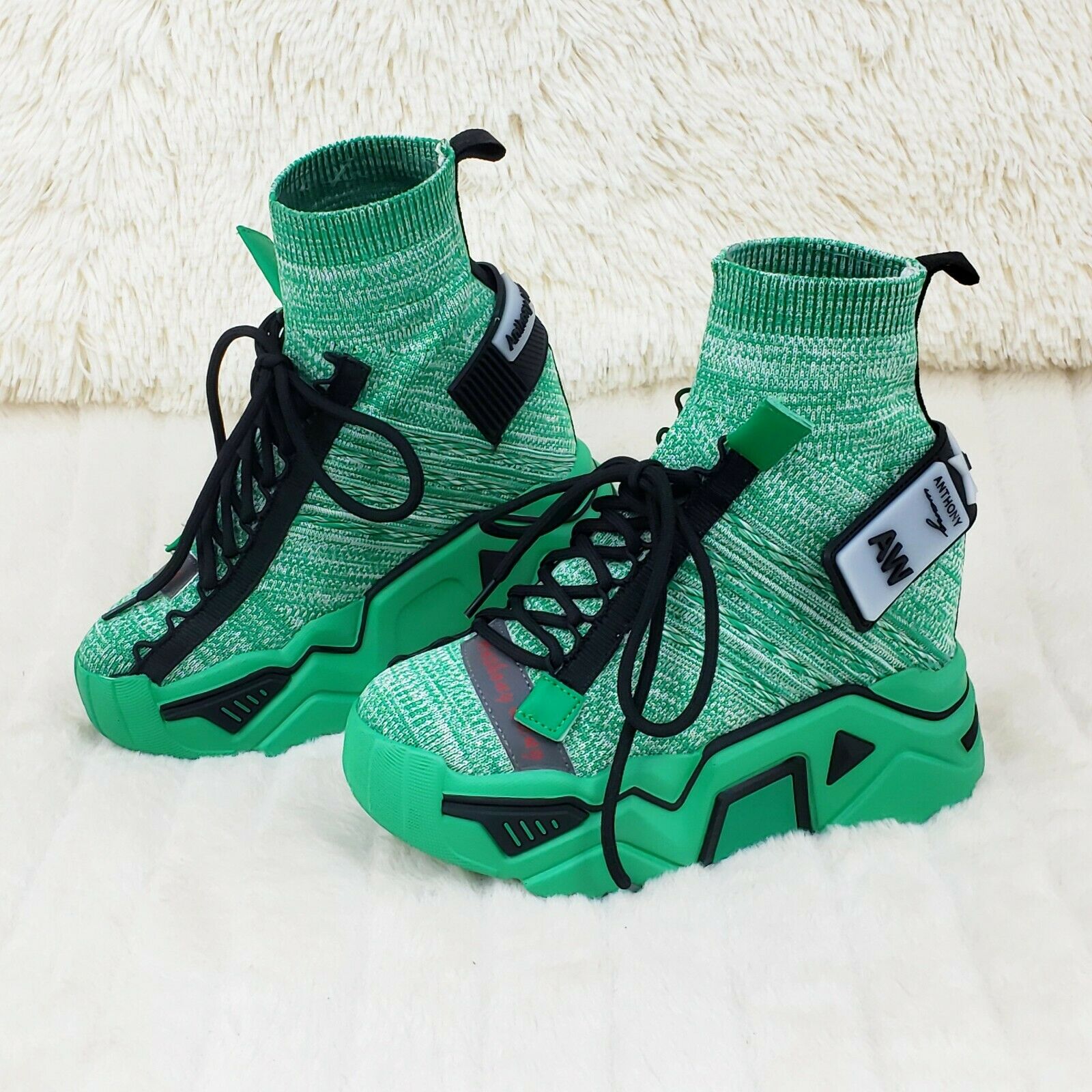 Wang Damson Pull On Knit Platform Sneaker Boots 4" Hidden Wedge Green Knit - Totally Wicked Footwear
