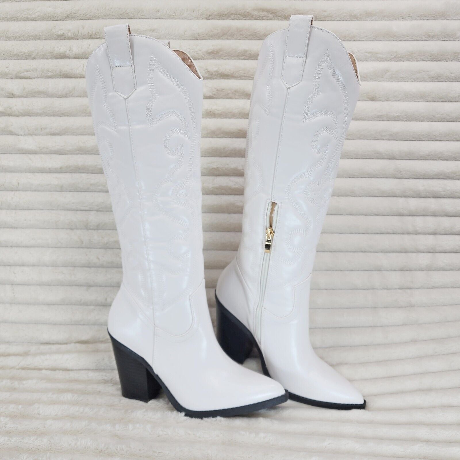 Electric Cowboy Brush Metallic Matte Western Knee High Cowgirl Boots Pearl White - Totally Wicked Footwear
