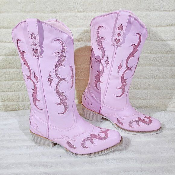 Dazzle Darlings Baby Pink Glitter Inset Cowboy Cowgirl Pull On Mid Calf Boots - Totally Wicked Footwear