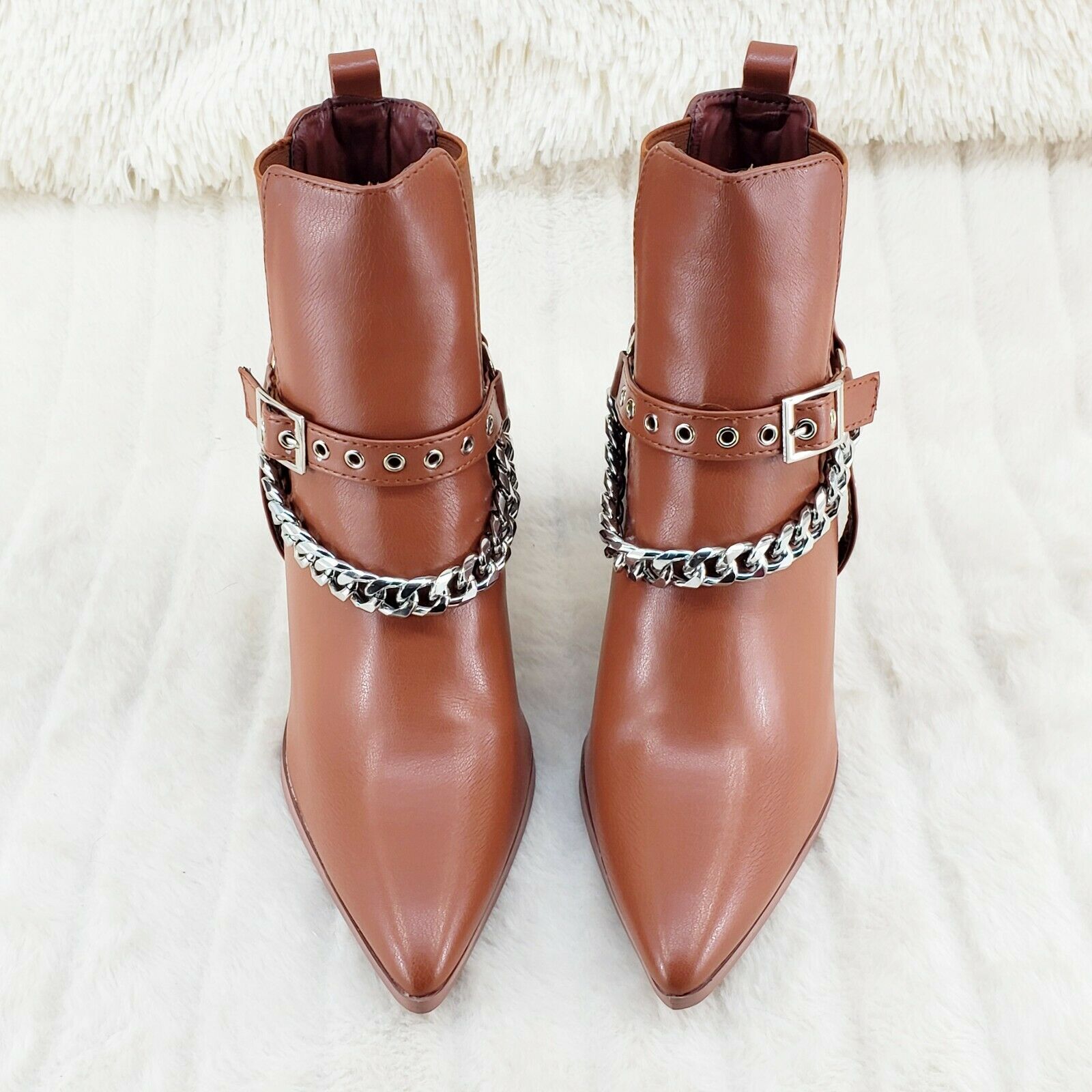 Dimitri Western Chain Strap Cowboy / Cowgirl Pull Ankle Boots Tan 6-11 - Totally Wicked Footwear
