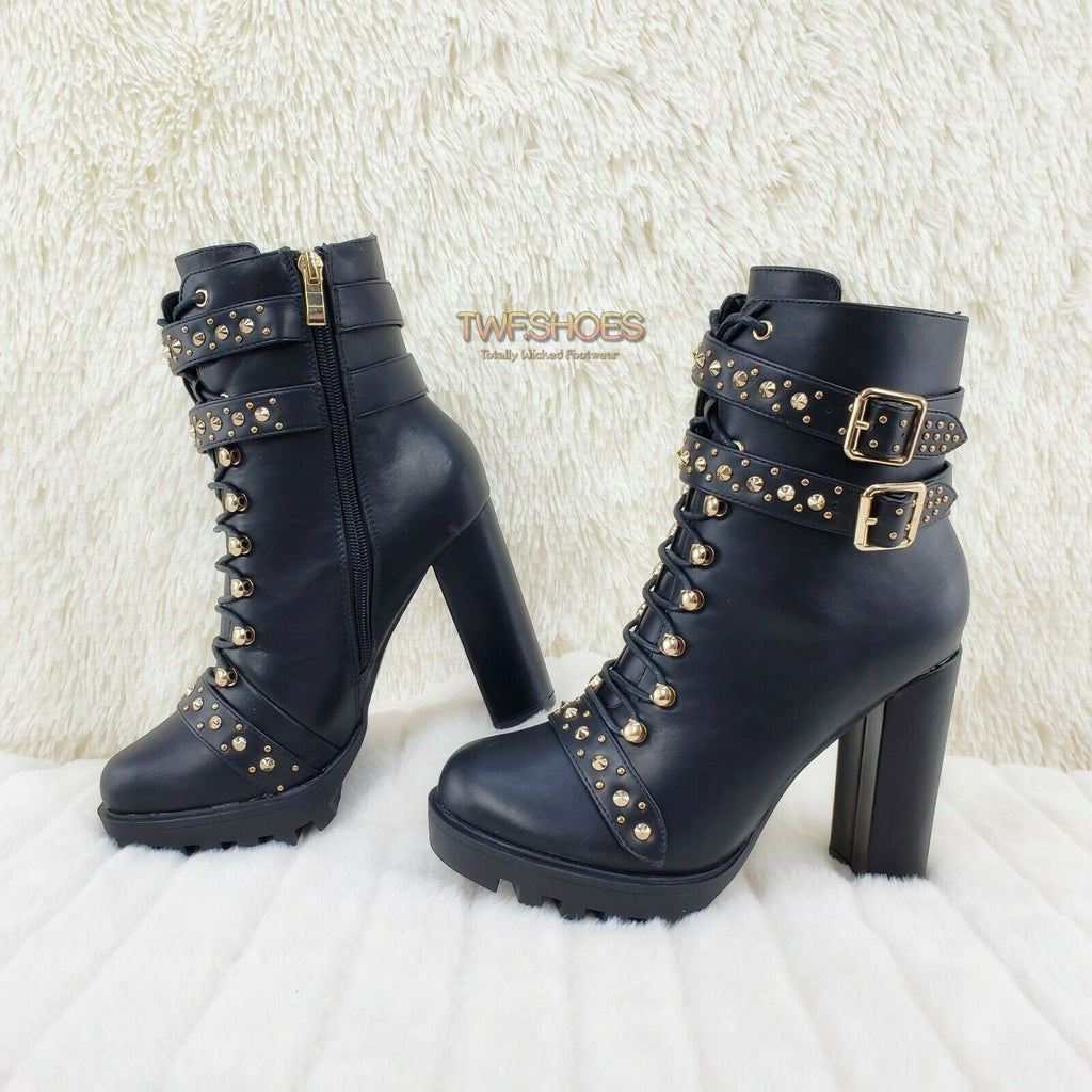 Hailey Lace Up Gold Studded Ankle Boots 4.5 Chunky Heels 6 -11 Black
