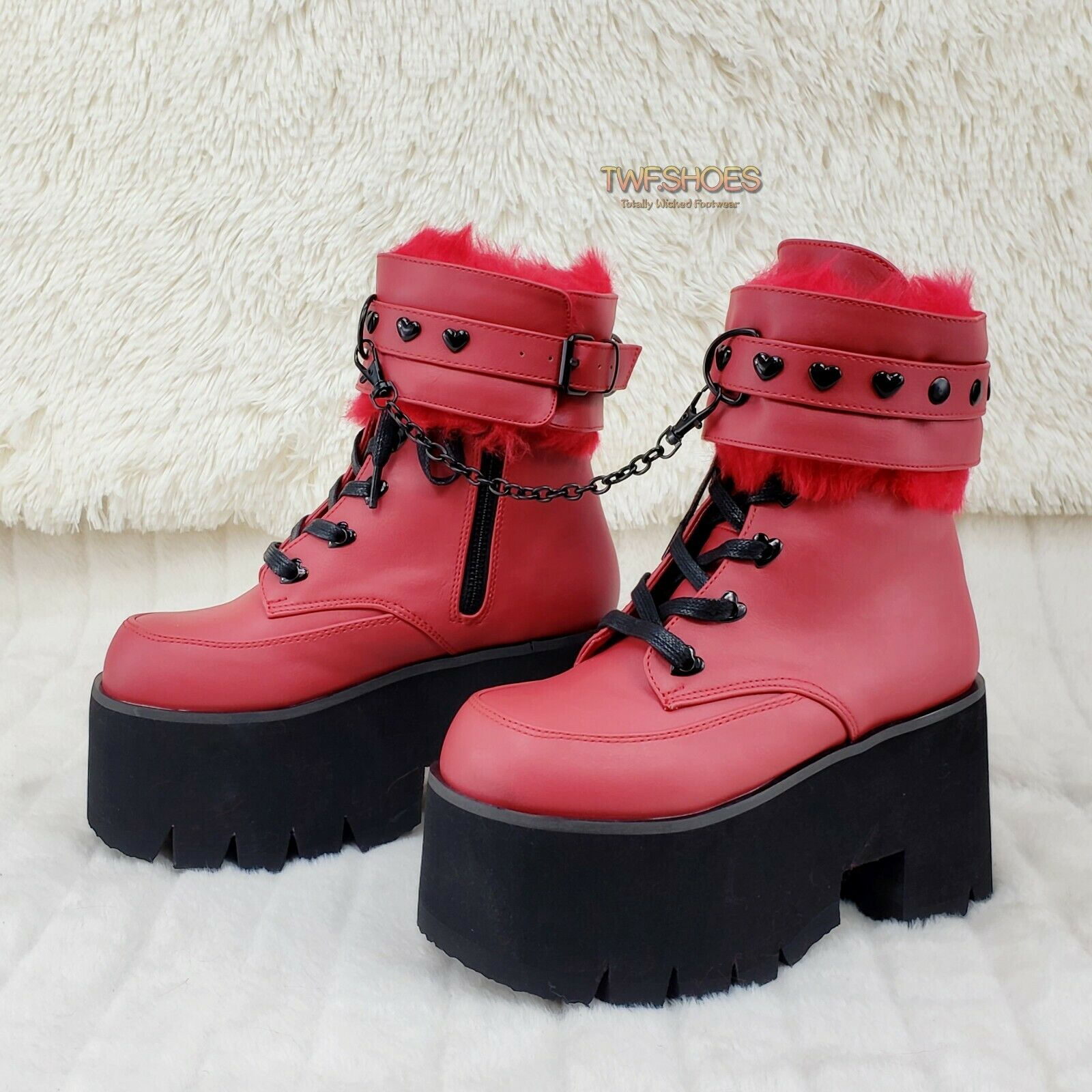 Ashes 57 RED Heart Studs 3.5" Platform Goth Boots Fur Lined Cuffs & Chain NY - Totally Wicked Footwear