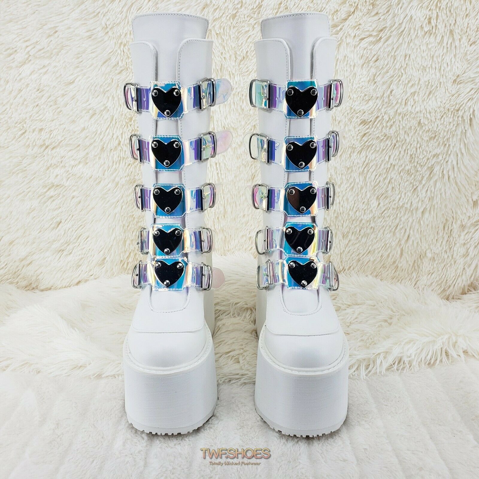 Cyber Swing 230 White Boot 5.5" Platform Heart Hologram Strap Design NY Restock - Totally Wicked Footwear