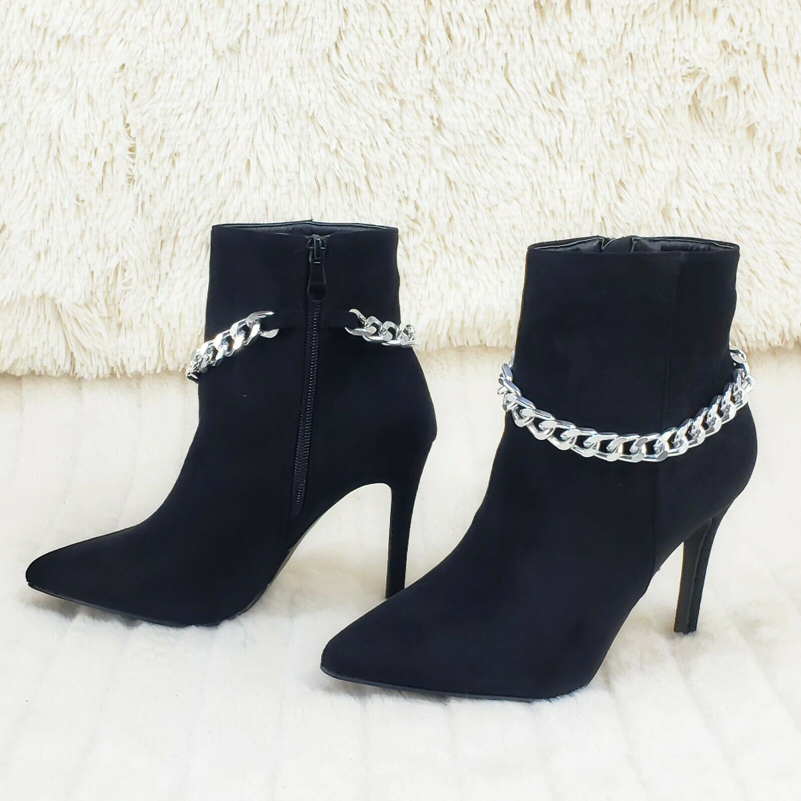 Mata Black FX Suede & Chain Sexy Pointy Toe 4" Stiletto High Heel Ankle Boots - Totally Wicked Footwear