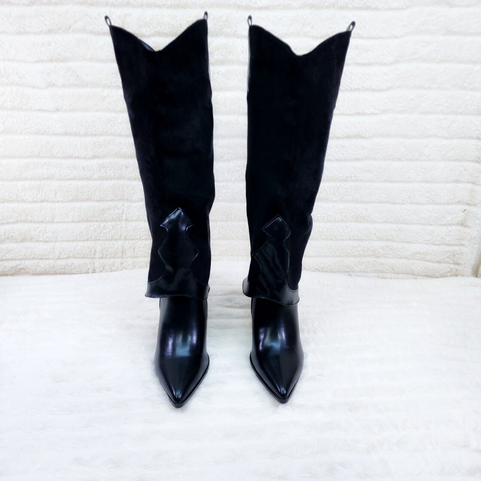 Branded Black Skirted Fold Over Western Knee High Cowgirl Boots - Totally Wicked Footwear