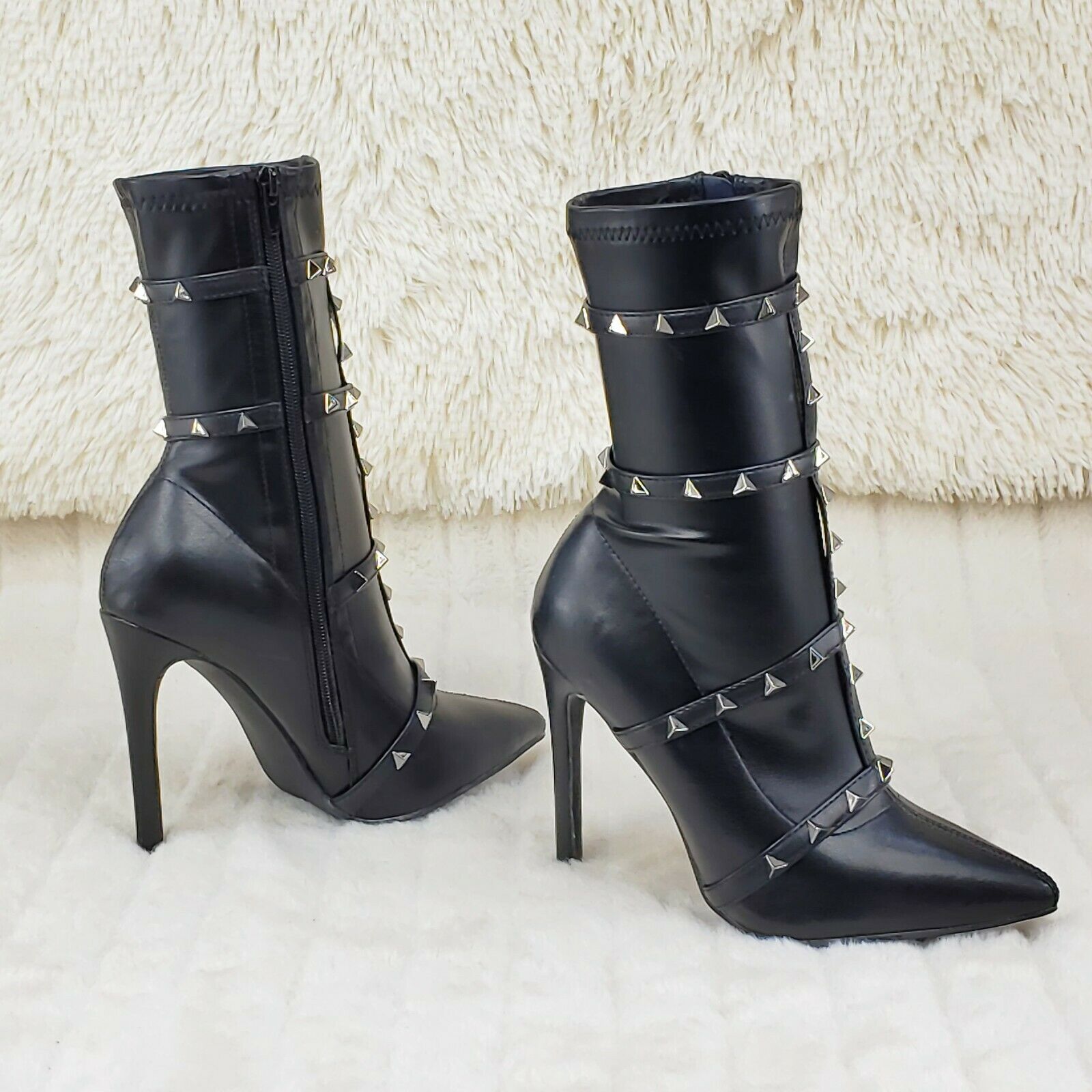Mark Pyramid Stud Strap High Heel Pointy Toe Stretch Ankle Boots Black - Totally Wicked Footwear