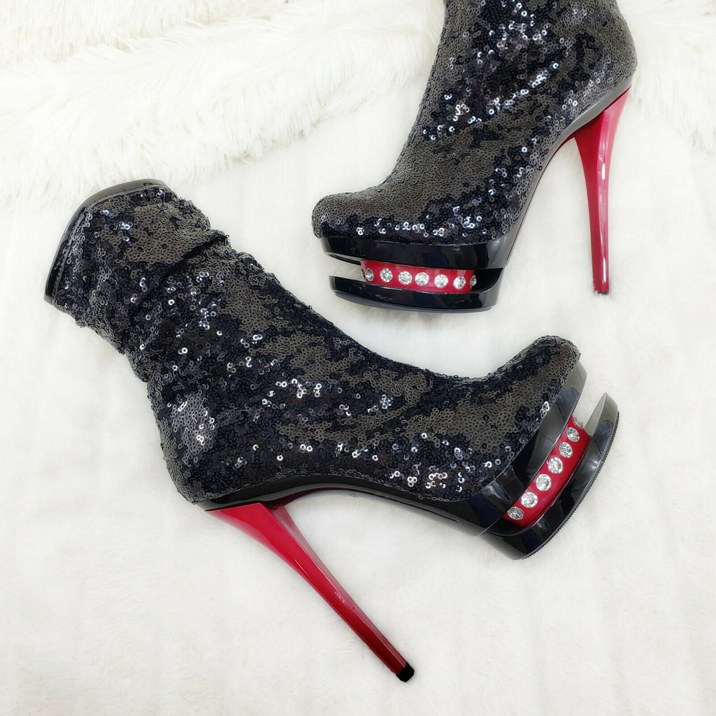 Blondie 1009 Black Sequin Red High Heel Platform Slouch Ankle Boots NY