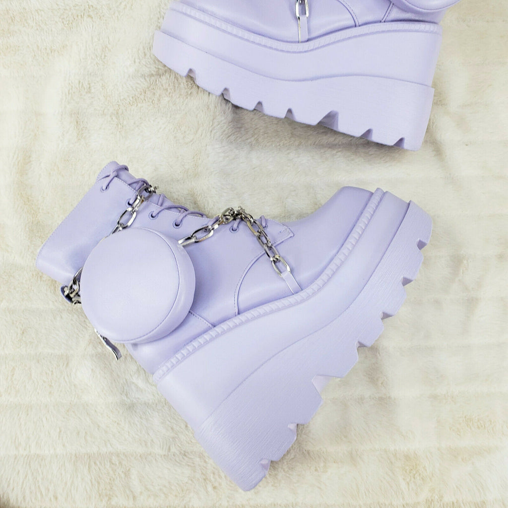 Vibrate Lilac Purple Platform 4.5" Wedge Heel Ankle Boots Chain & Storage Pouch - Totally Wicked Footwear
