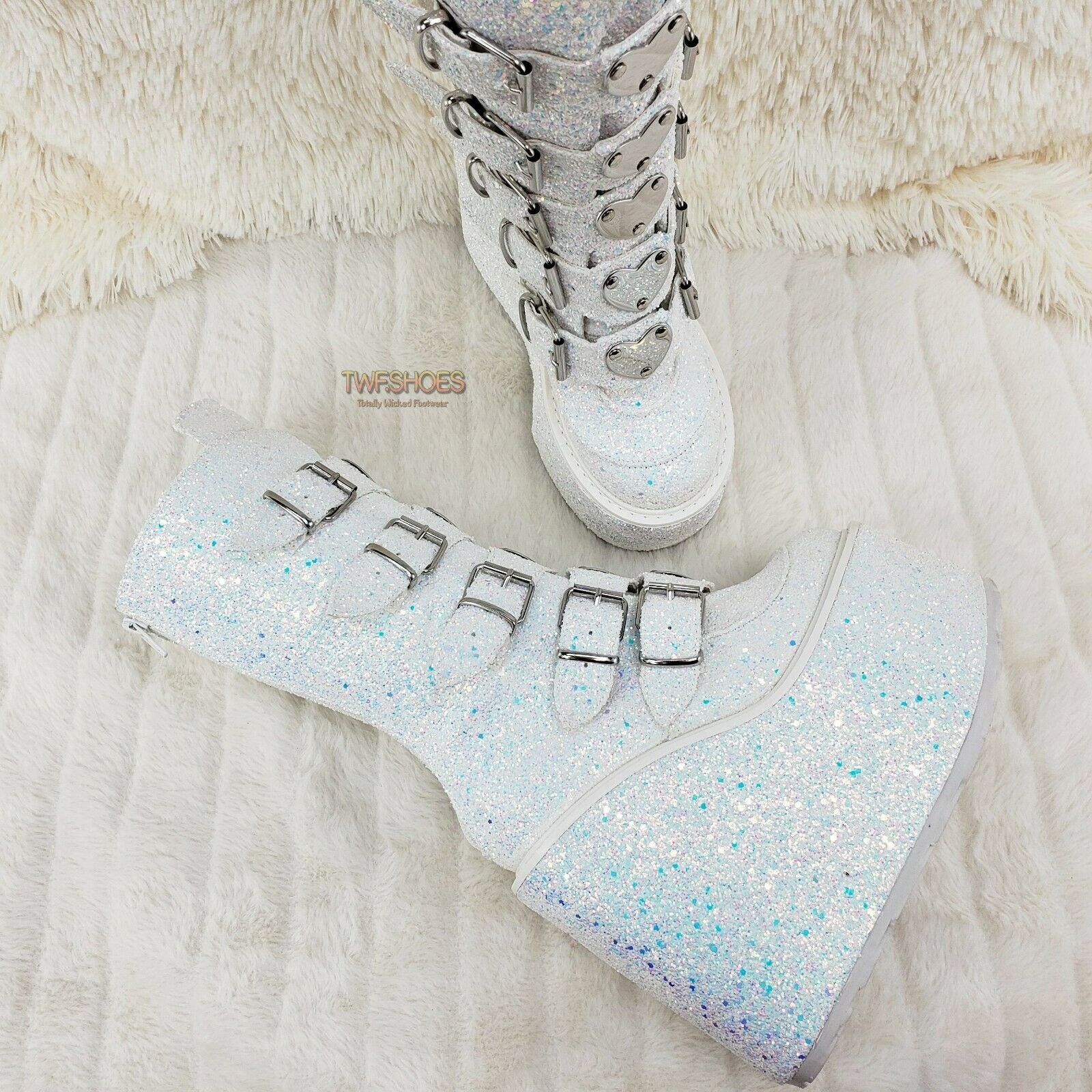 Swing 230G White Multi Glitter Mid Calf Boot 5.5" Platform Heart Strap 6-12 NY - Totally Wicked Footwear