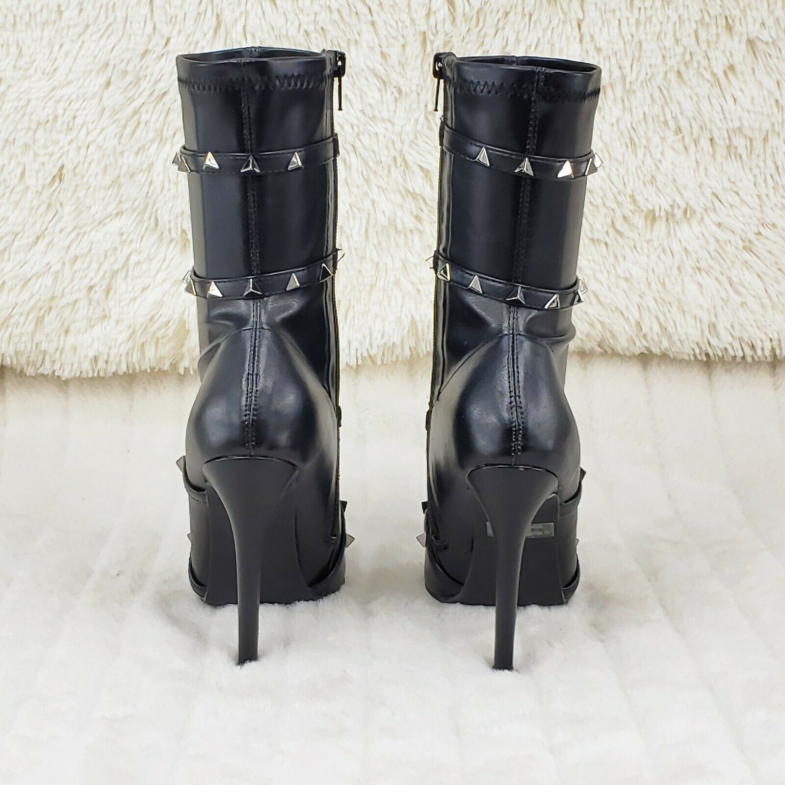 Mark Pyramid Stud Strap High Heel Pointy Toe Stretch Ankle Boots Black - Totally Wicked Footwear
