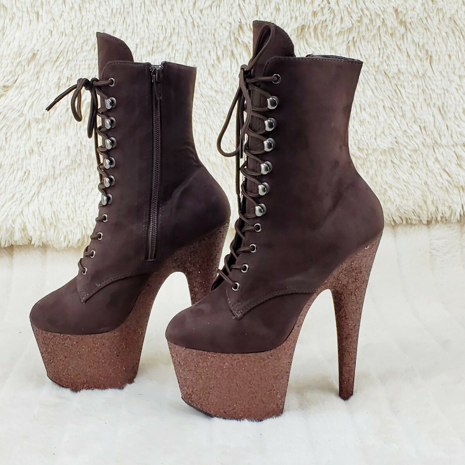 Adore 1020FSMG Brown Mocha V Suede & Glitter 7" High Heel Platform Ankle Boot NY - Totally Wicked Footwear
