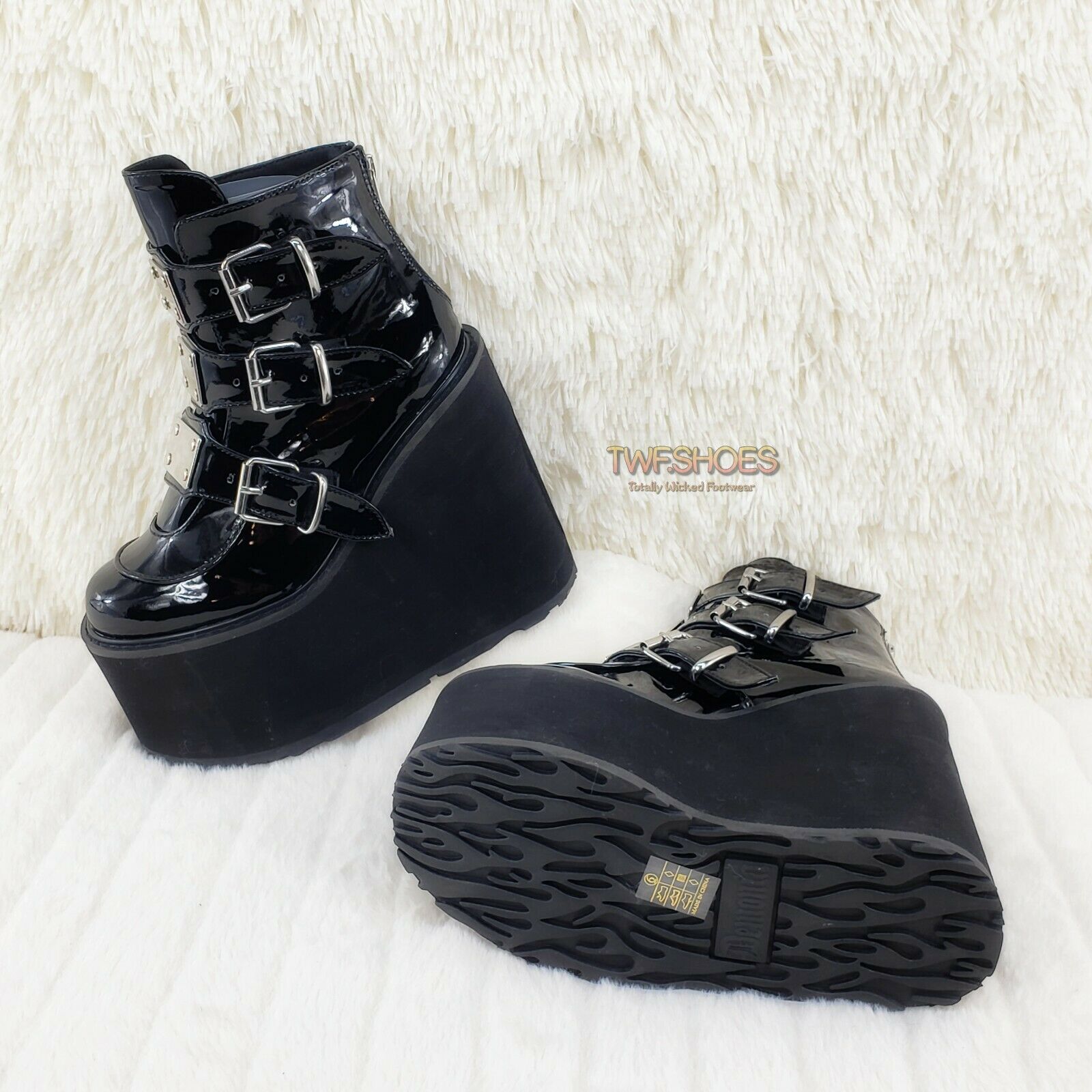 Swing 105 Black Patent Multiple Buckle Ankle Boot 5.5" Platform NY - Totally Wicked Footwear