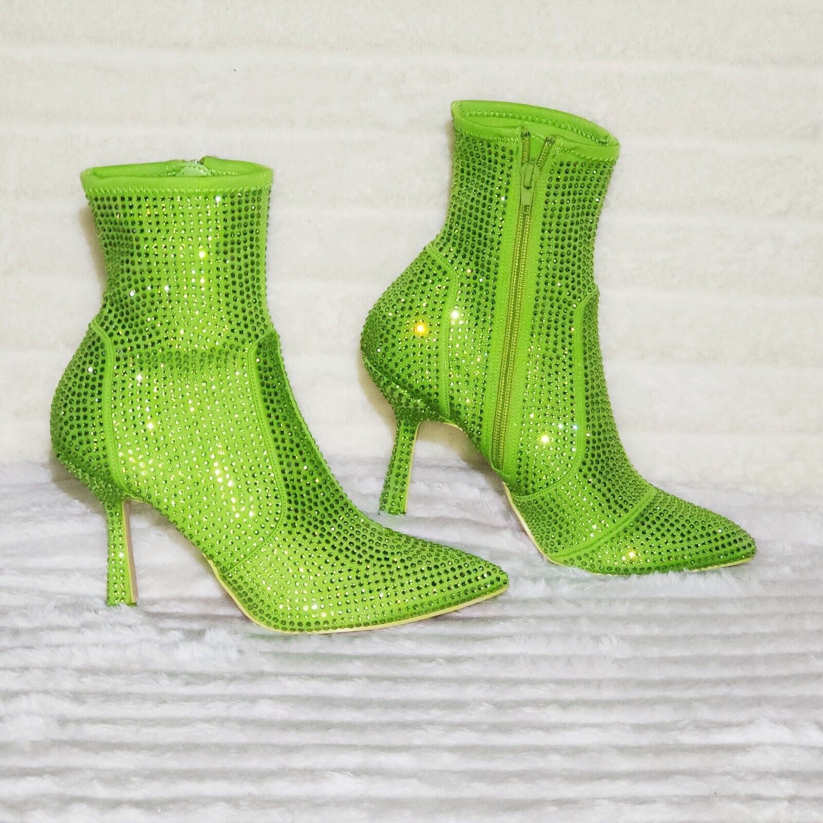 Stunning Fuchsia Bright Green Lime Stretch Rhinestone Ankle Boots 3.5" Heels New - Totally Wicked Footwear