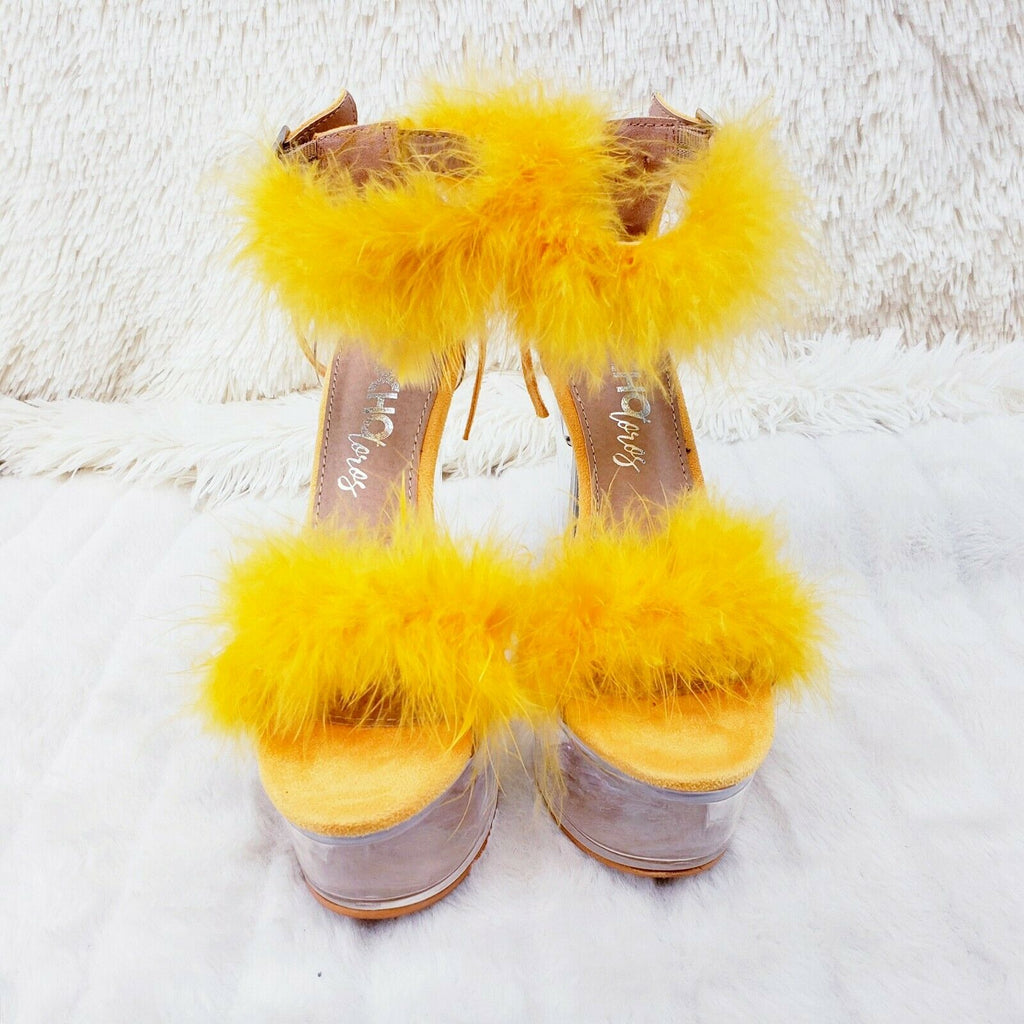 Yellow Marabou Feather Platform Shoes Sandals 6" High Heel Sandals Shoes - Totally Wicked Footwear