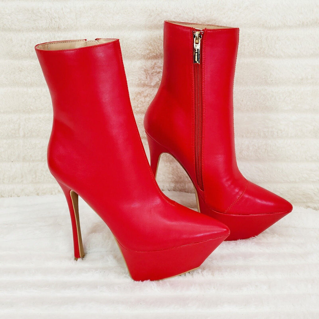 Kinder Pointy Toe Platform Stiletto Heel Ankle Boots Bright Red Stretch - Totally Wicked Footwear