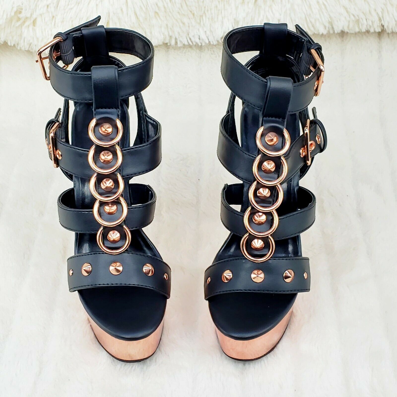 Delight 658 Black Rose Gold Cage Strap 6" High Heel Shoe Bull Ring US Sizes NY - Totally Wicked Footwear