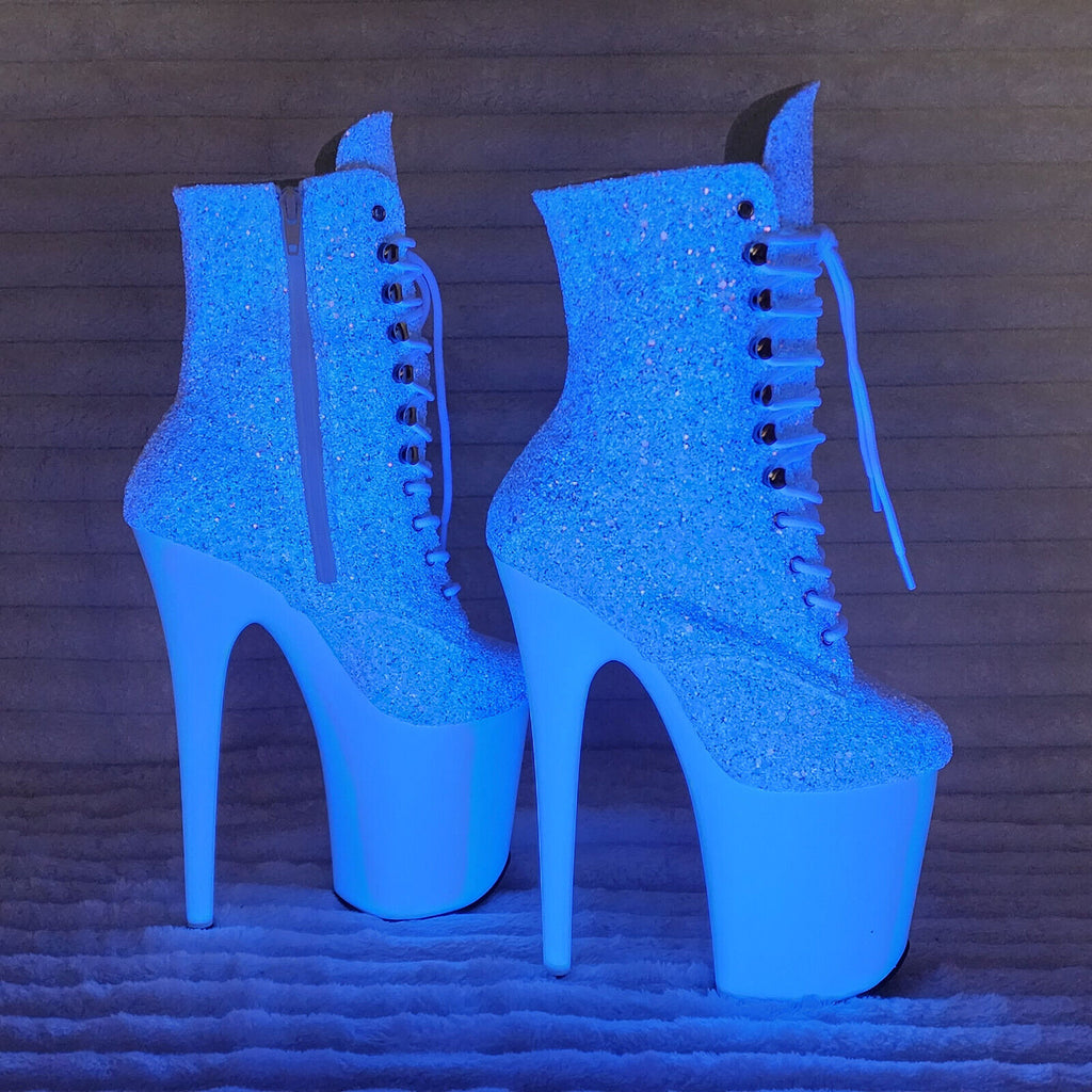 Flamingo White Ice UV Glitter 8" Heel Platform Ankle Boots US 6-12 NY - Totally Wicked Footwear