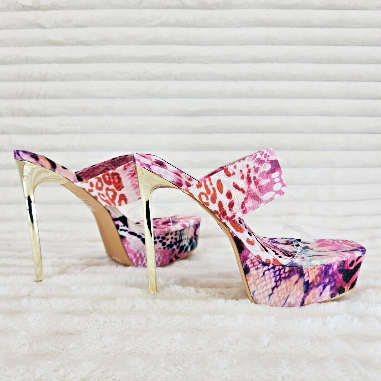 Razz Slip On High Heel Clogs Mules Slides Multi Color Print Gold Tone Stiletto - Totally Wicked Footwear