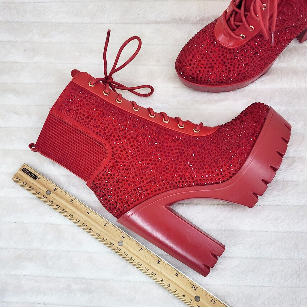 Barri Red Rhinestone Chunky High Heel Platform Ankle Boots - Totally Wicked Footwear
