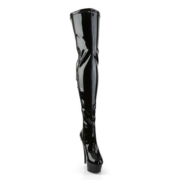Delight 3063 Back Lace Thigh High Platform Boots 6" High Heels Black Patent NY - Totally Wicked Footwear