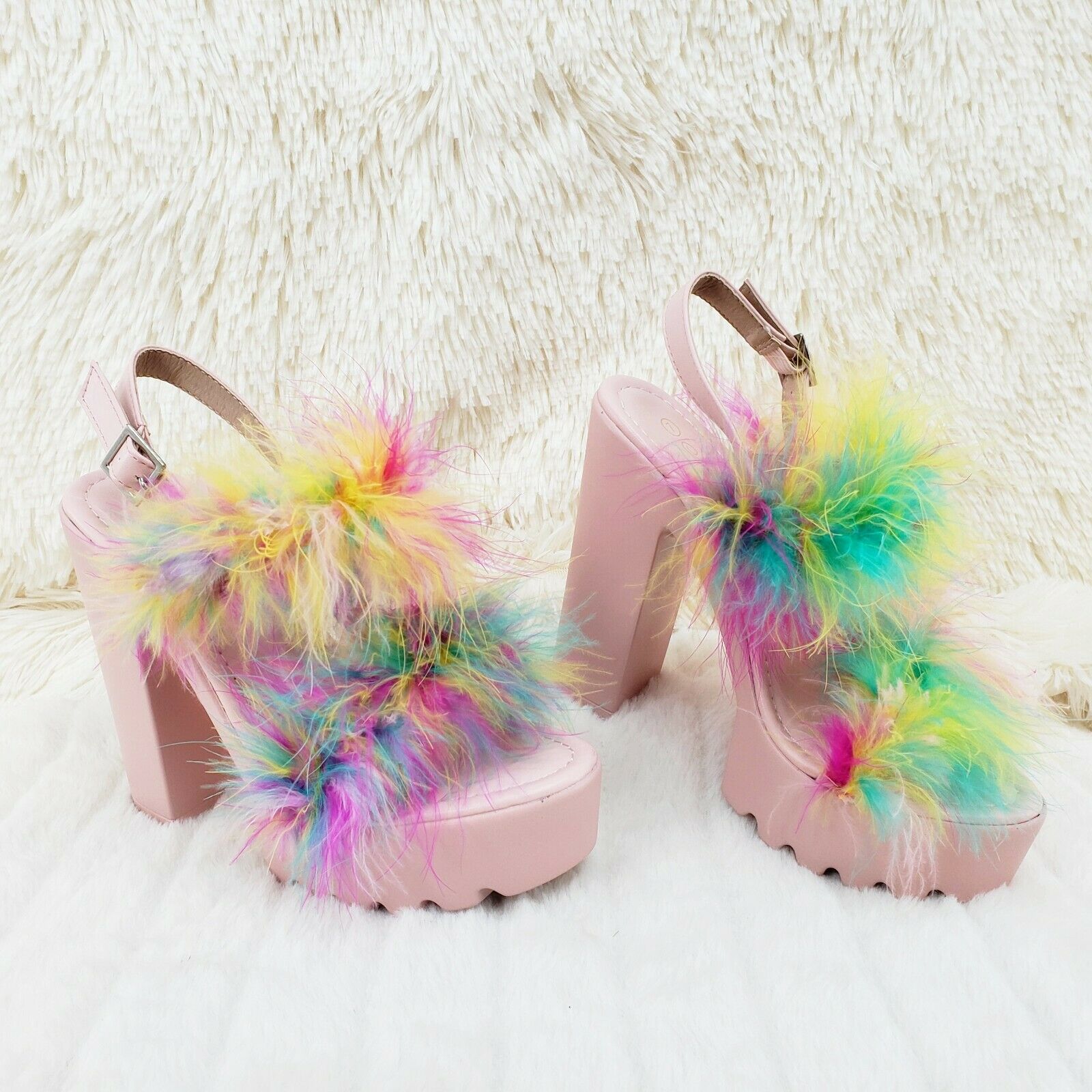 Top Rate Marabou Double Strap Chunky High Heels Platform Sandal Shoes Multicolor - Totally Wicked Footwear