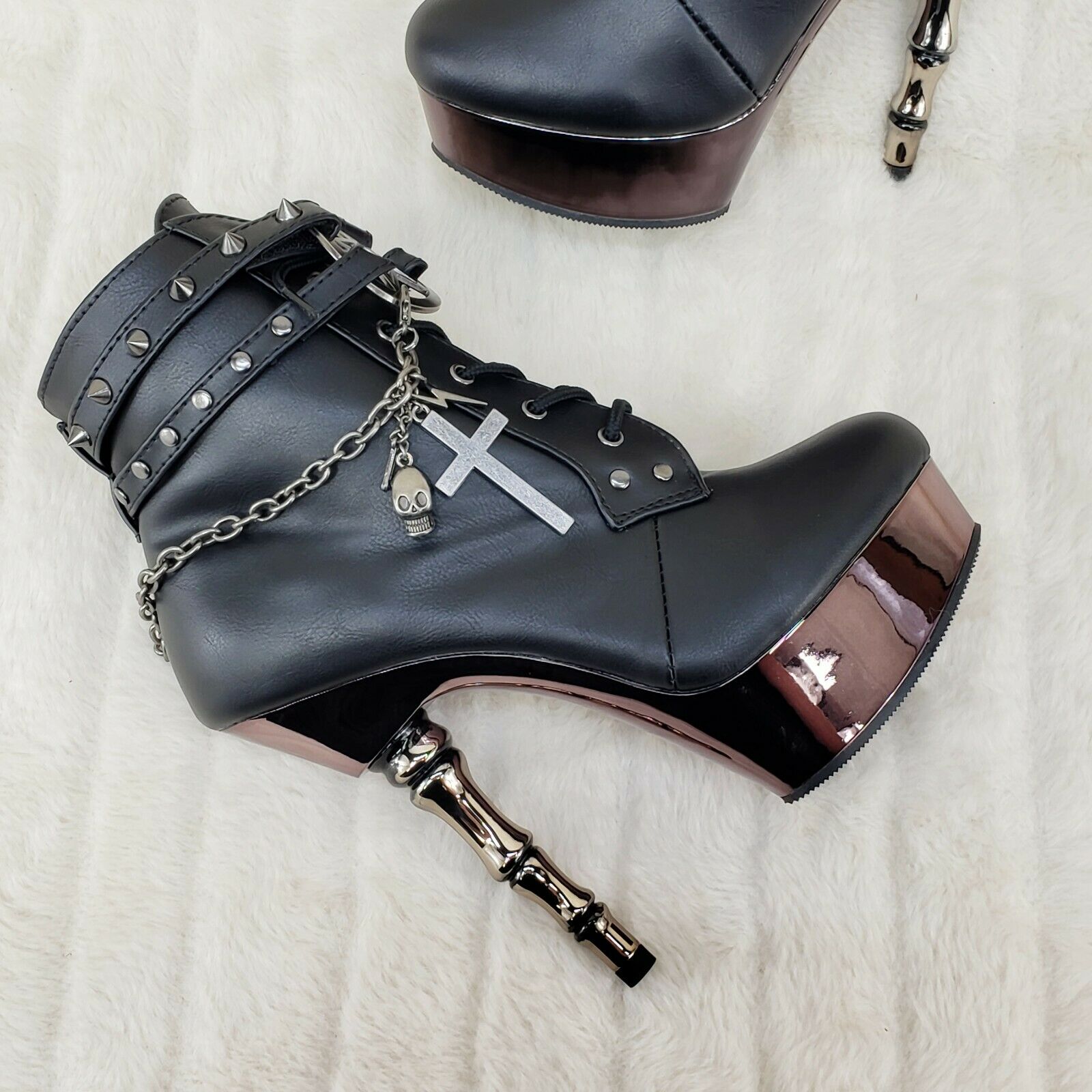 Muerto 1001 Finger Bone Heel Platform Biker Ankle Boots Charm Chain In House - Totally Wicked Footwear