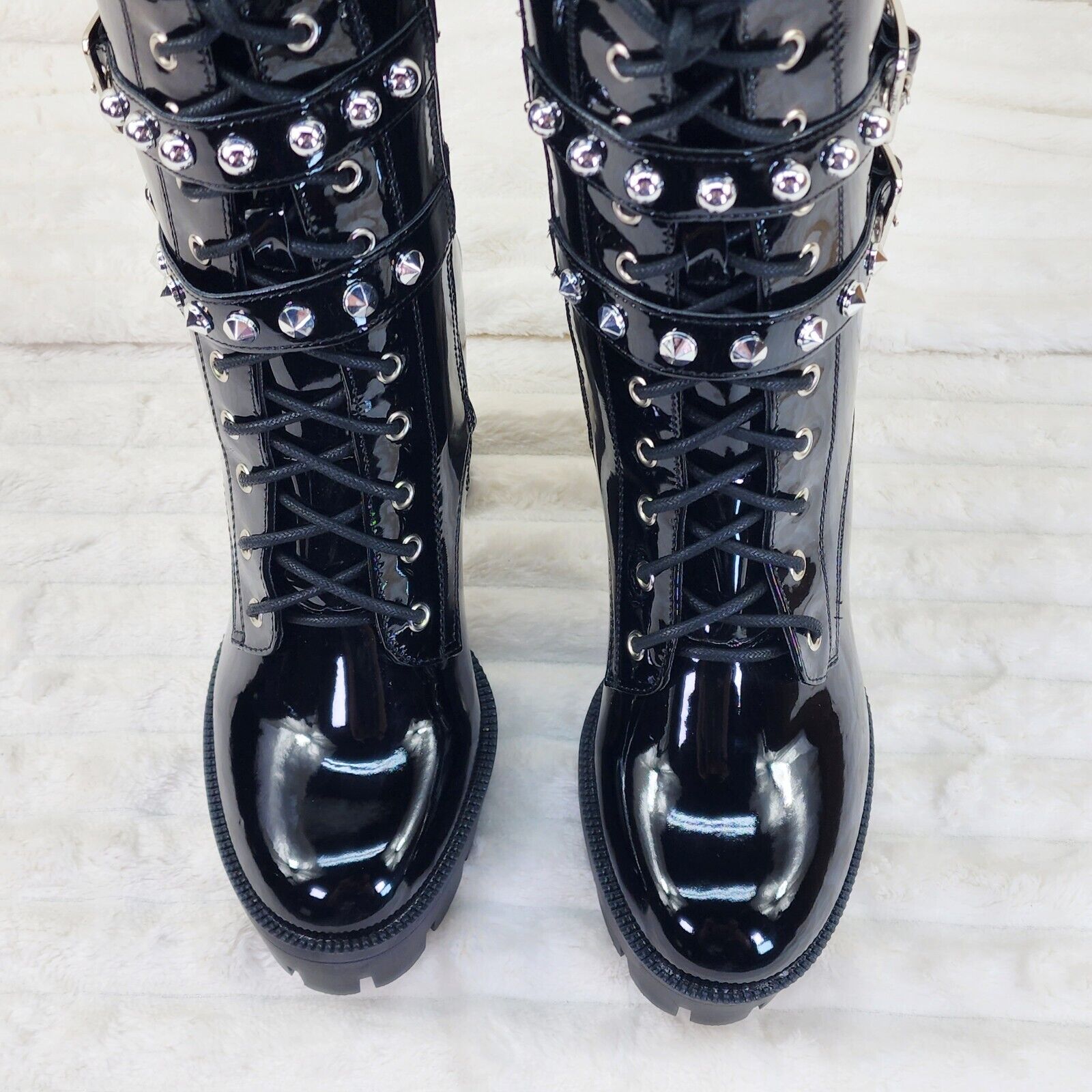 Shiney Black Patent Lug Sole Studded Strap Ankle Boots Temptress - Totally Wicked Footwear