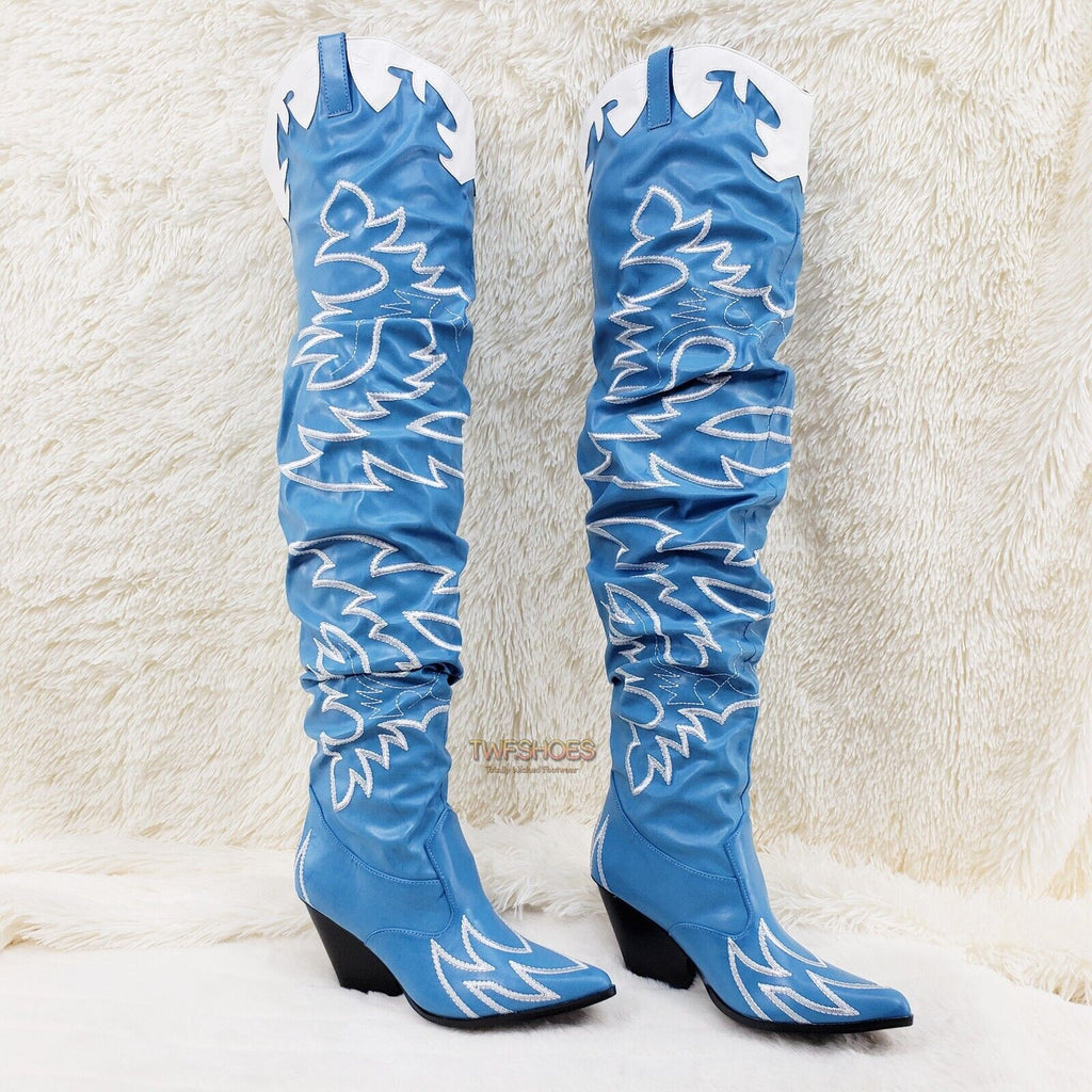 Kelsey 21 Rock Star Turquoise & White Western Slouch OTK Thigh High Cowboy Boots - Totally Wicked Footwear