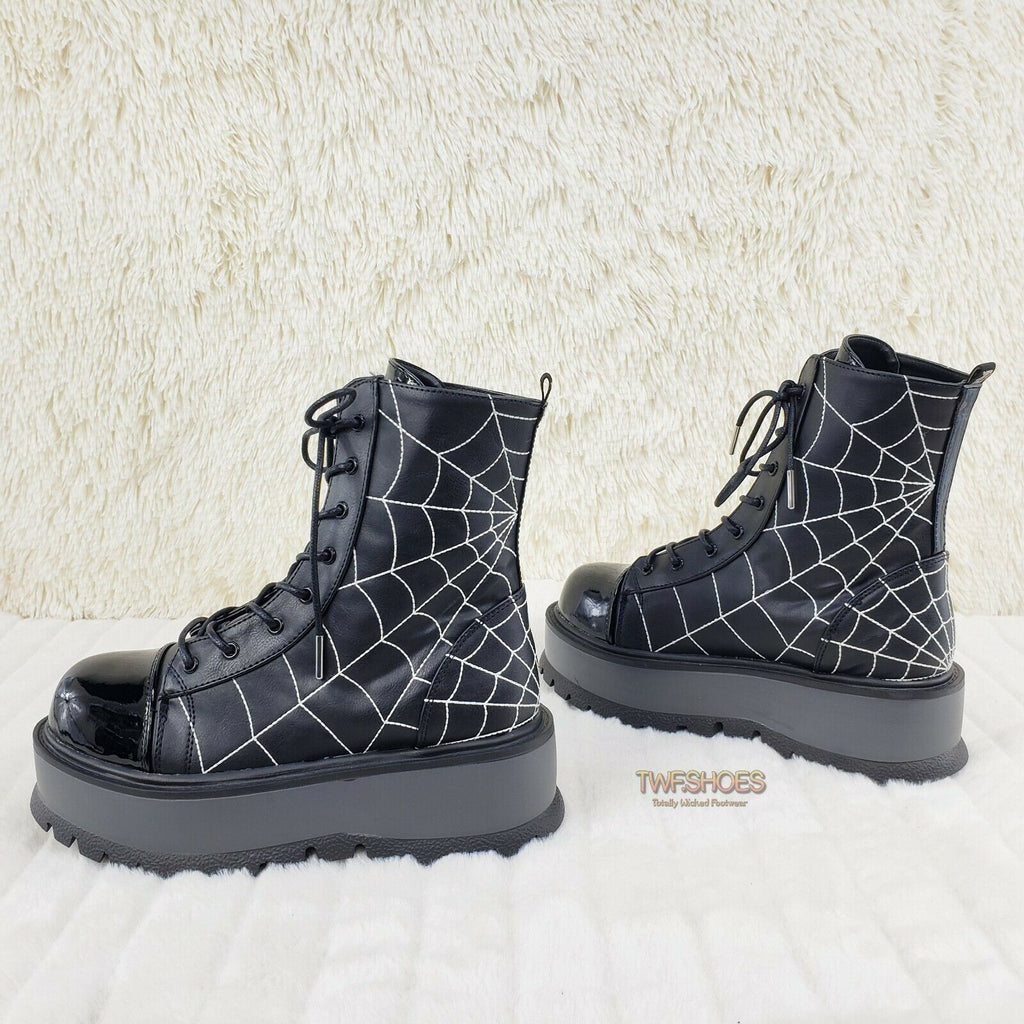 Slacker 88 Black Matte Spider Web Design Up Ankle Boots US 6-12 Goth NY - Totally Wicked Footwear