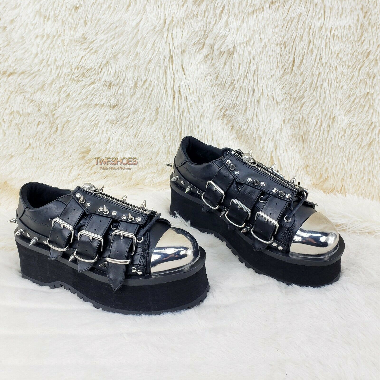 Grave Digger 03 Black Chrome Toe Plate Spiked Shoe Men 4-13 Goth Punk NY - Totally Wicked Footwear