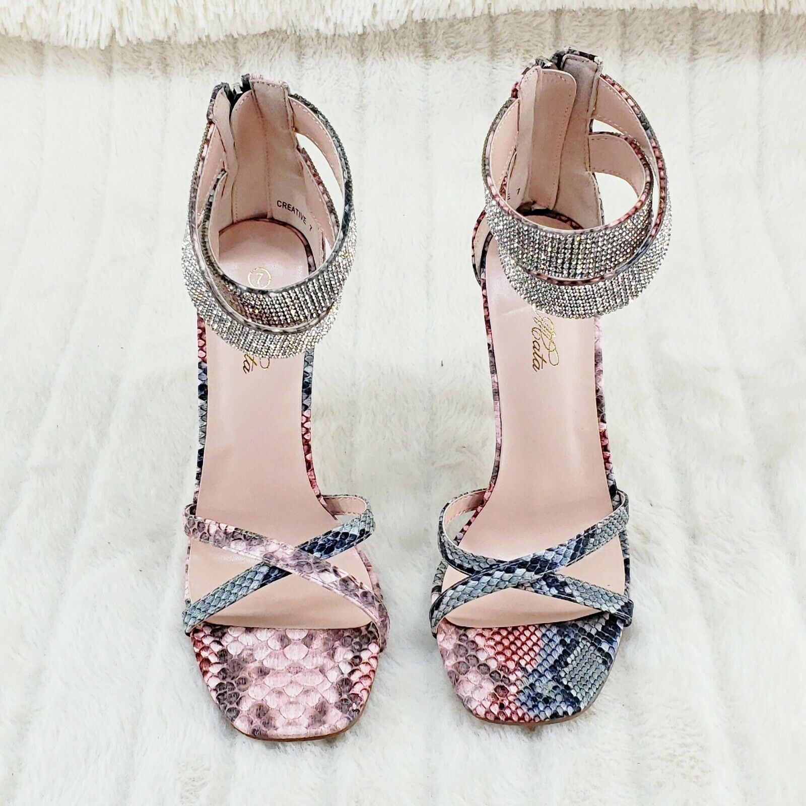 Mata Pink Snake Print Rhinestone Double Ankle Strap Closed Back High Heel Shoes - Totally Wicked Footwear